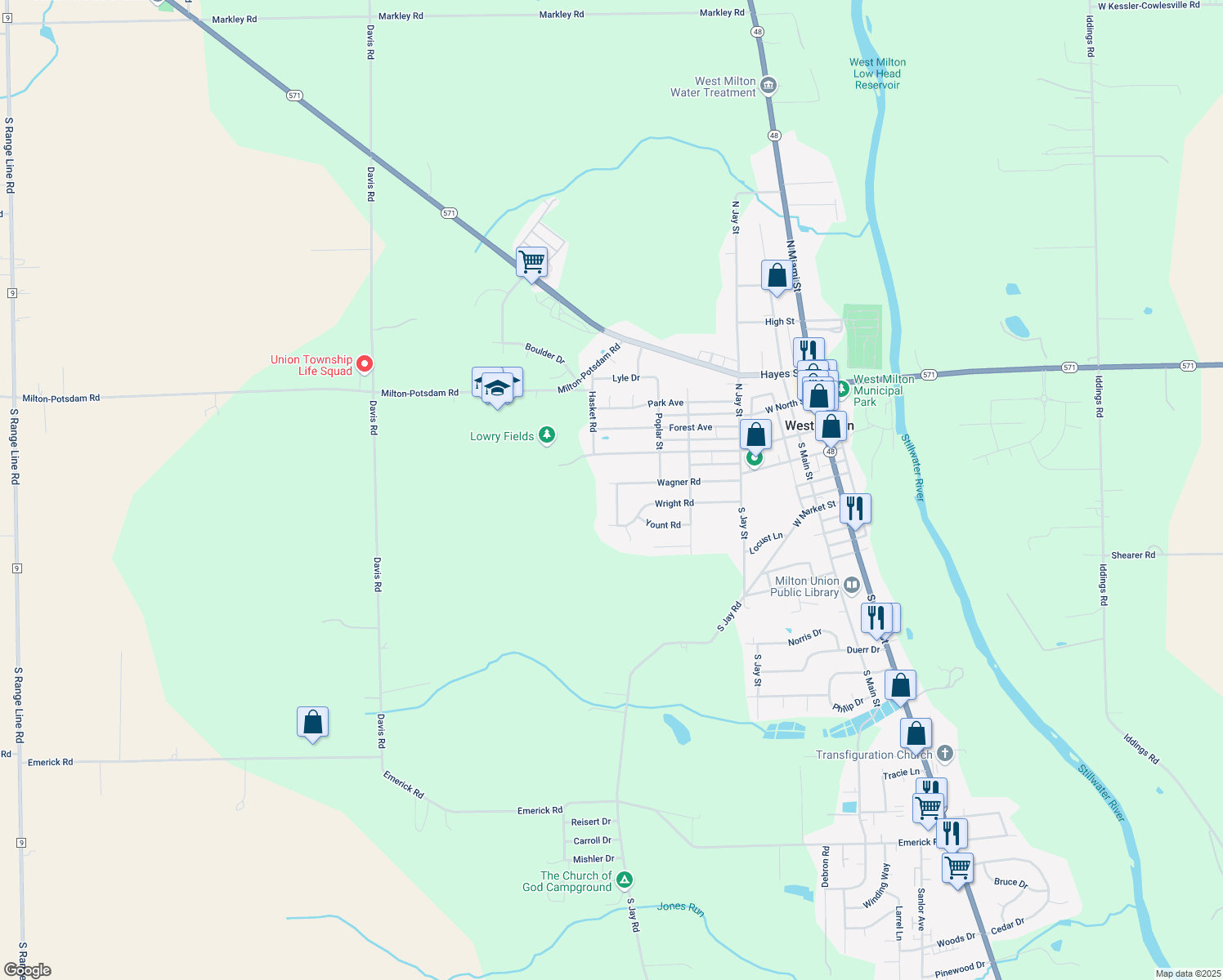 map of restaurants, bars, coffee shops, grocery stores, and more near 15 Black Oak Dr in West Milton