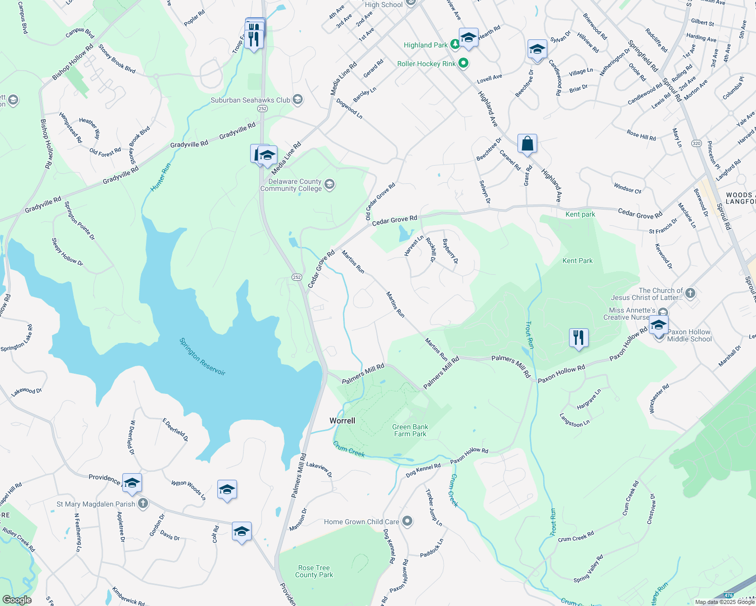 map of restaurants, bars, coffee shops, grocery stores, and more near 23 Jonathan Morris Circle in Media