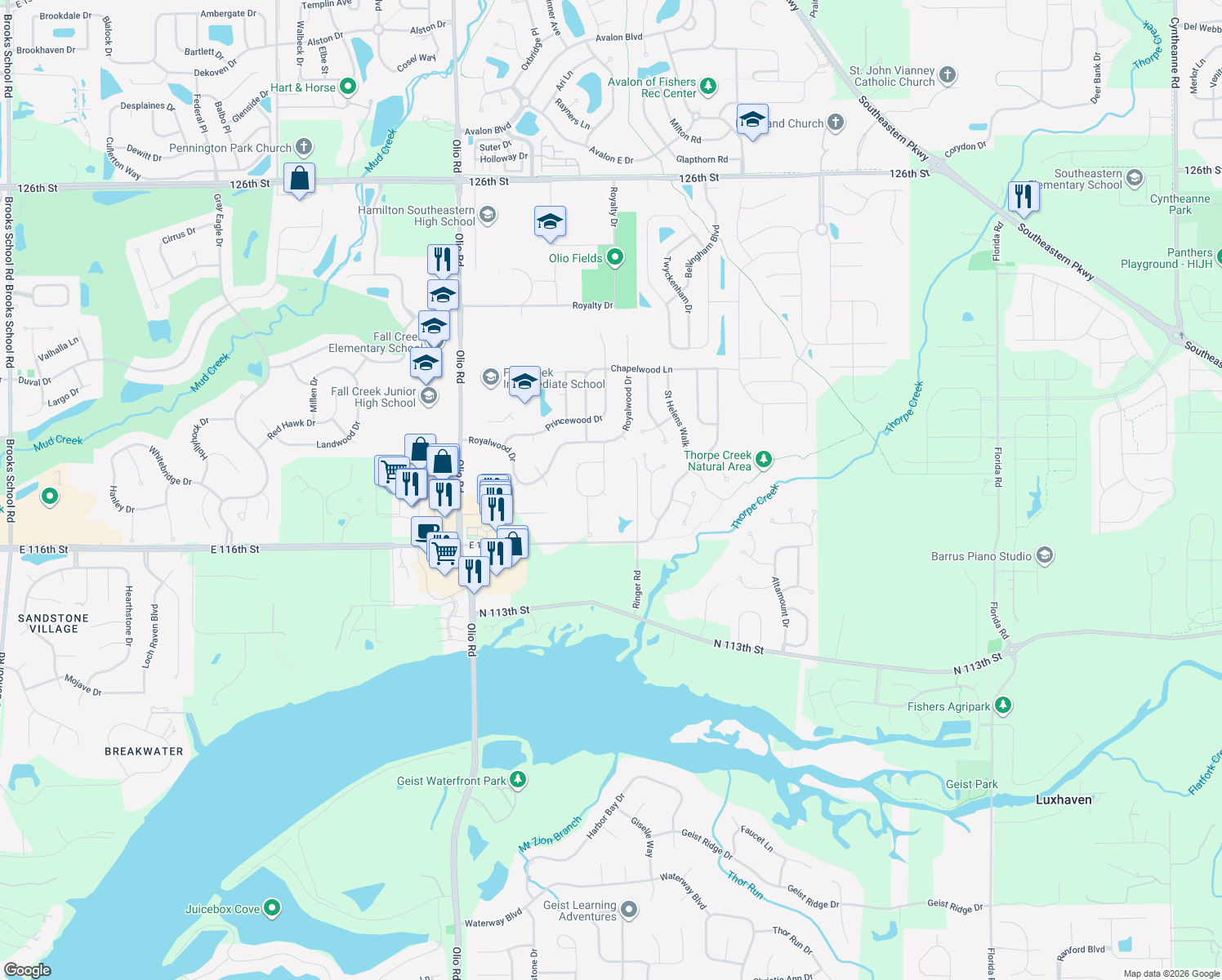 map of restaurants, bars, coffee shops, grocery stores, and more near 11765 Monarchy Lane in Fishers
