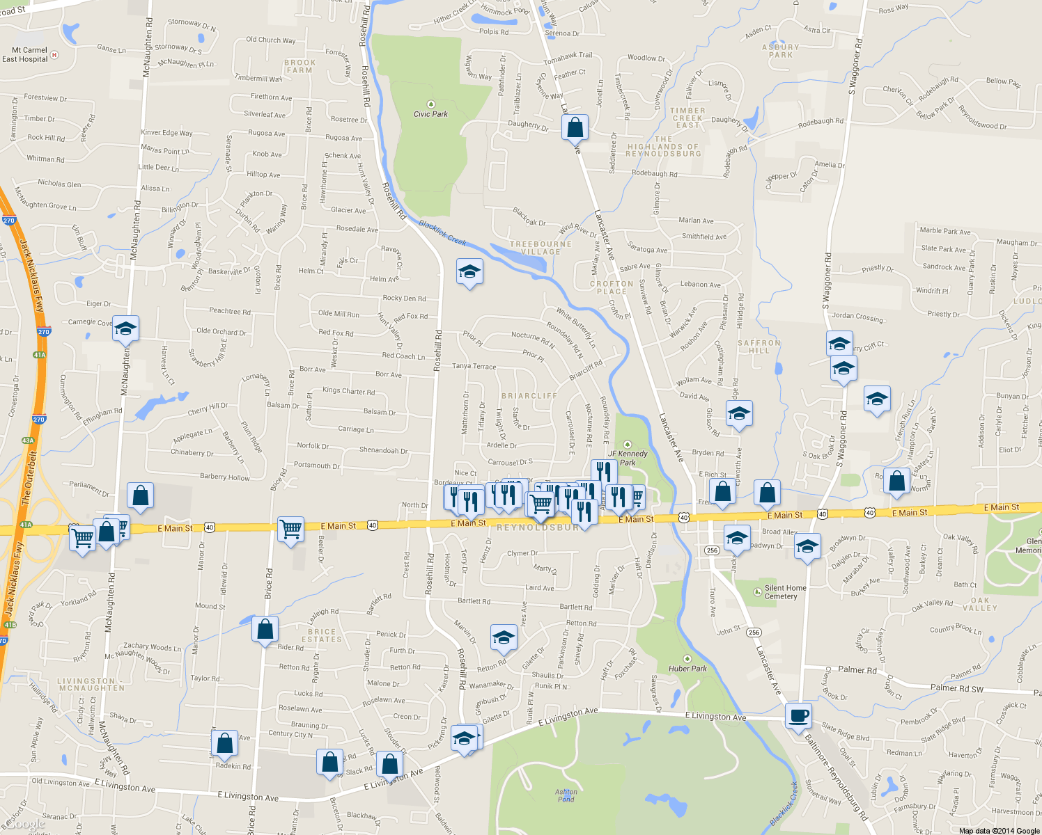 map of restaurants, bars, coffee shops, grocery stores, and more near 6914 Starfire Dr in Reynoldsburg