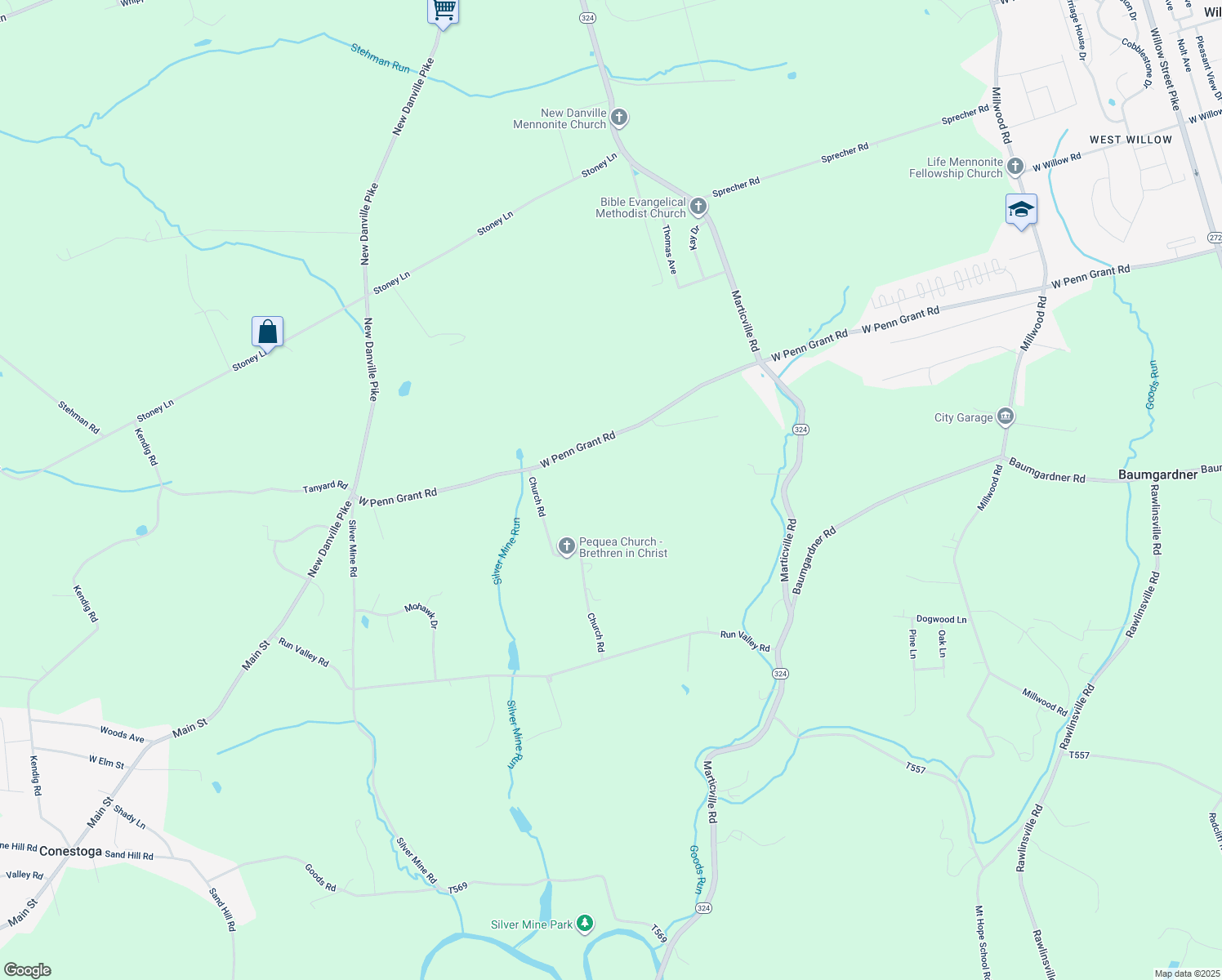 map of restaurants, bars, coffee shops, grocery stores, and more near 1200 West Penn Grant Road in Lancaster