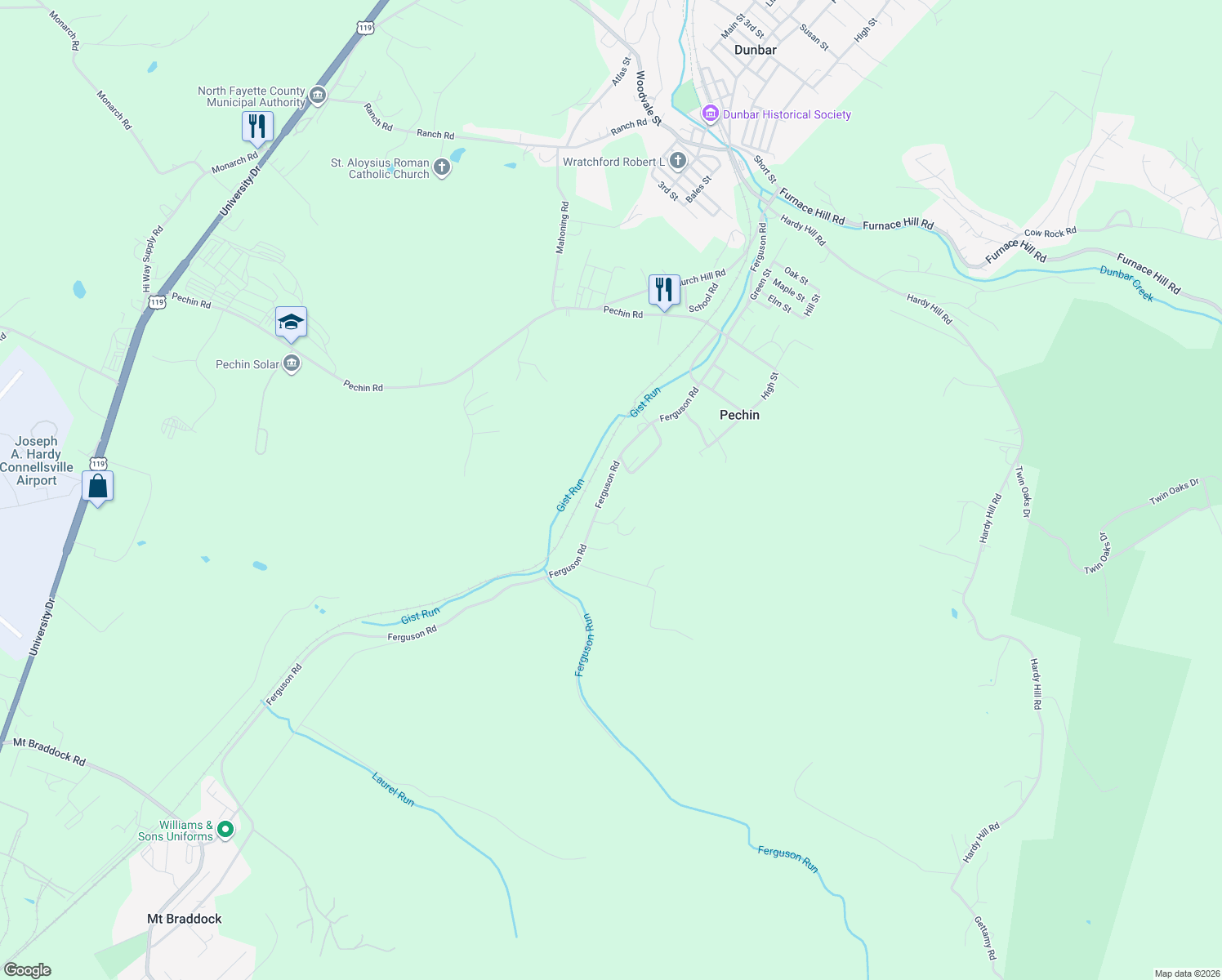 map of restaurants, bars, coffee shops, grocery stores, and more near 370 Ferguson Road in Dunbar