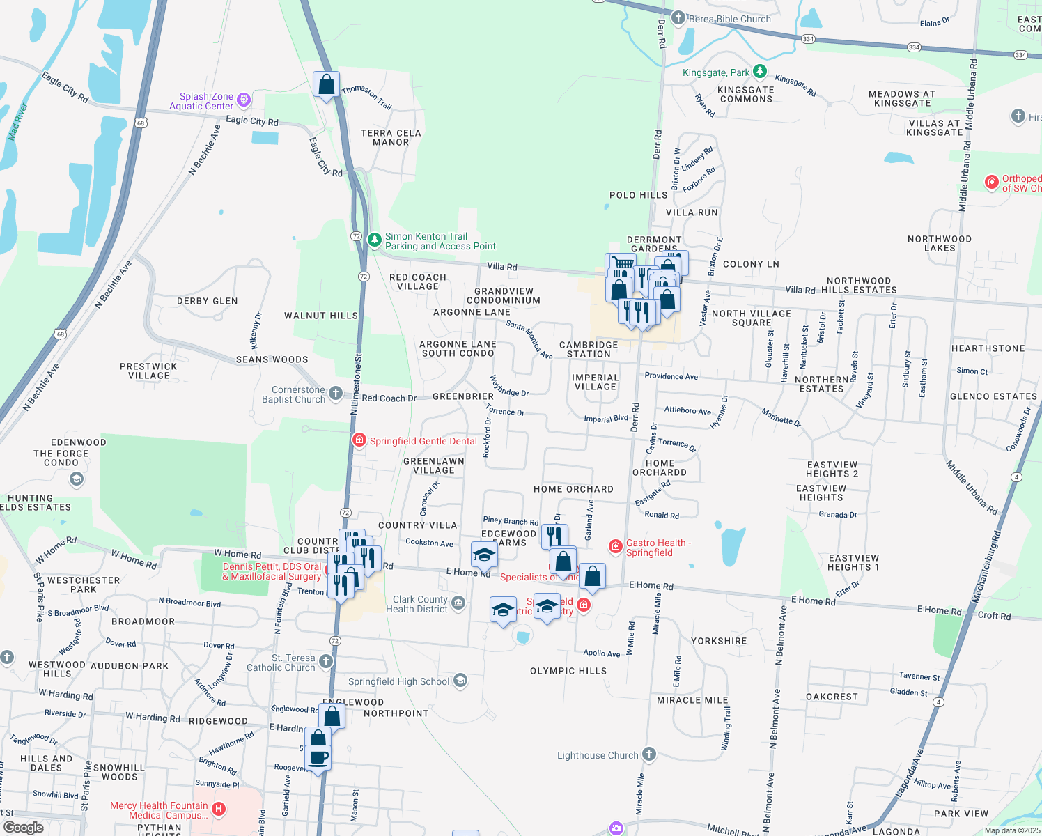 map of restaurants, bars, coffee shops, grocery stores, and more near 813 Torrence Drive in Springfield