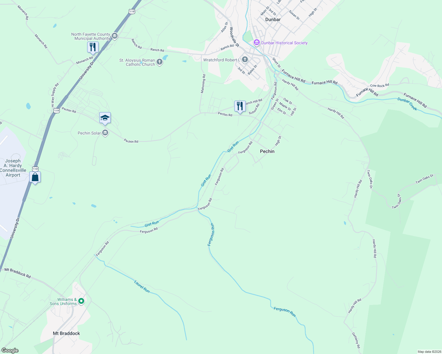 map of restaurants, bars, coffee shops, grocery stores, and more near 372 Ferguson Road in Dunbar