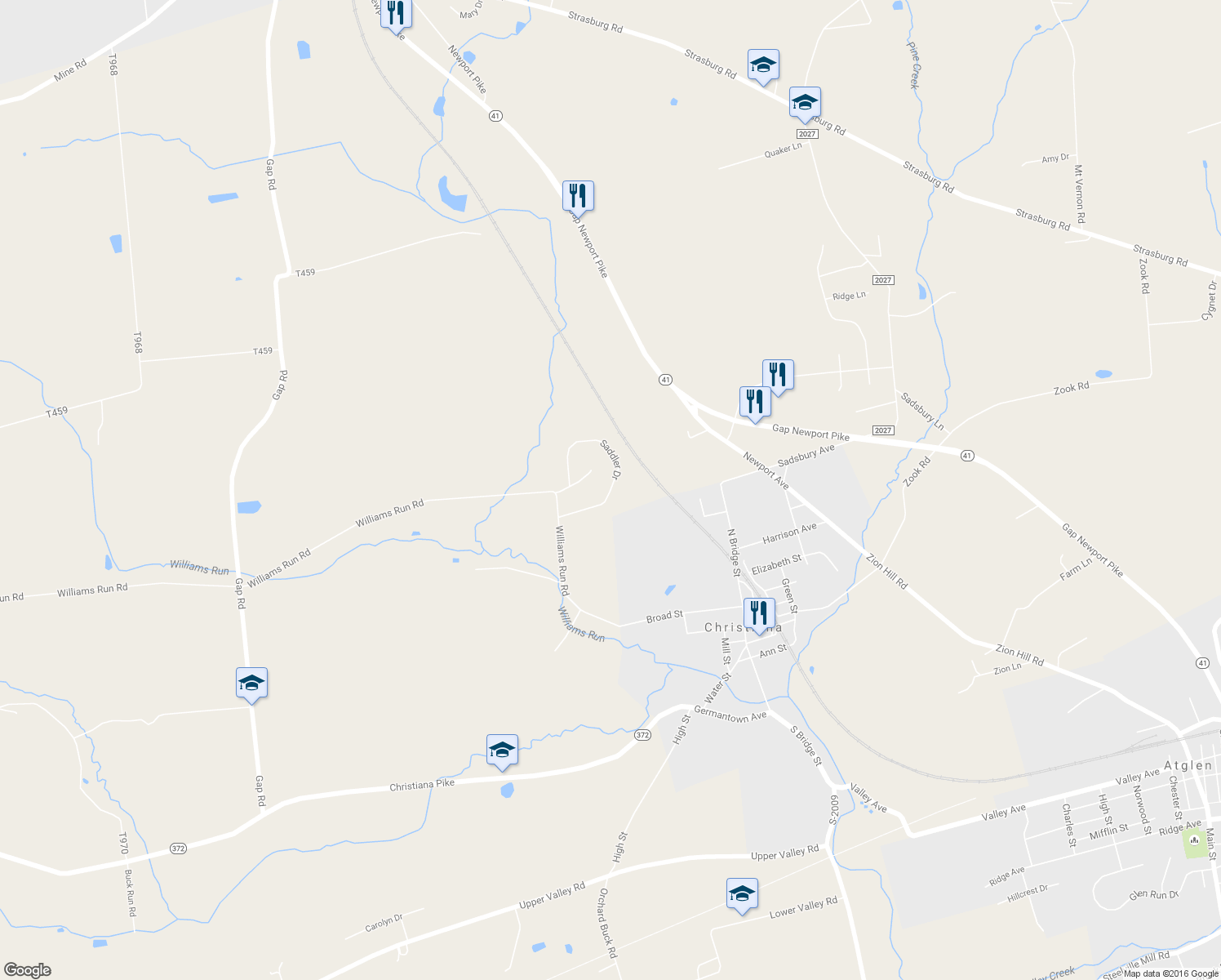 map of restaurants, bars, coffee shops, grocery stores, and more near 66 Saddler Drive in Christiana