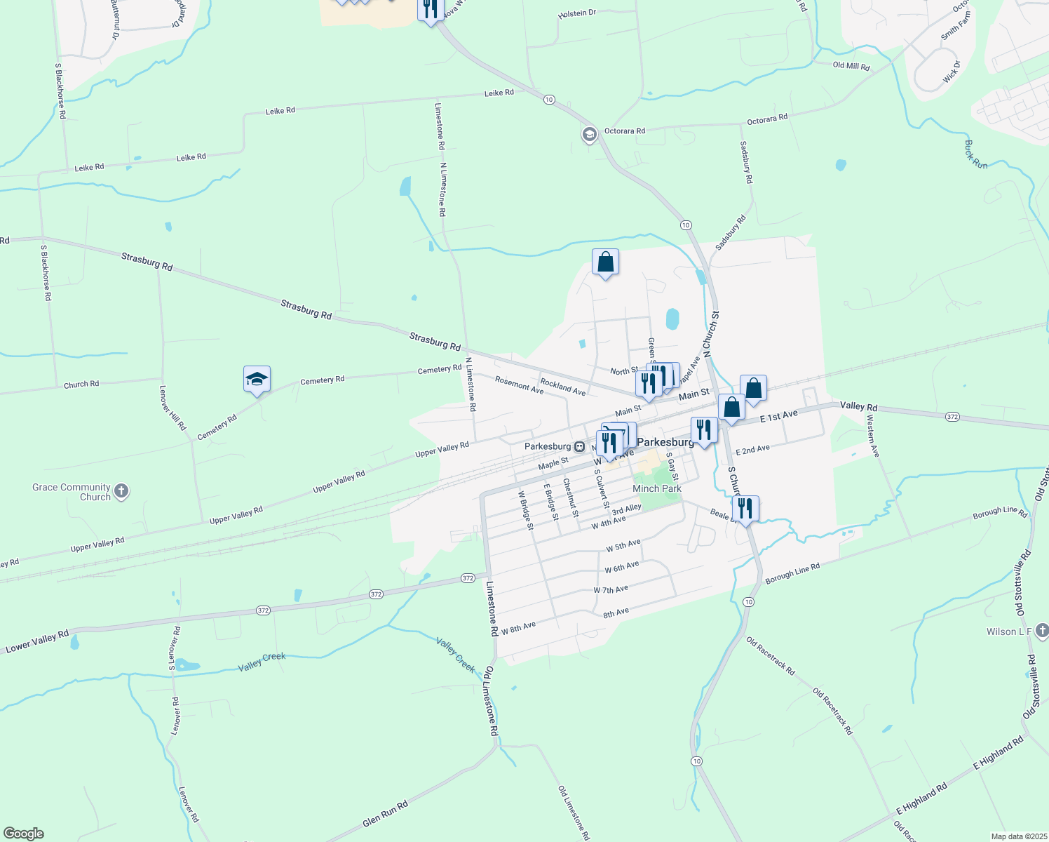 map of restaurants, bars, coffee shops, grocery stores, and more near 625 McCalls Ferry Road in Parkesburg