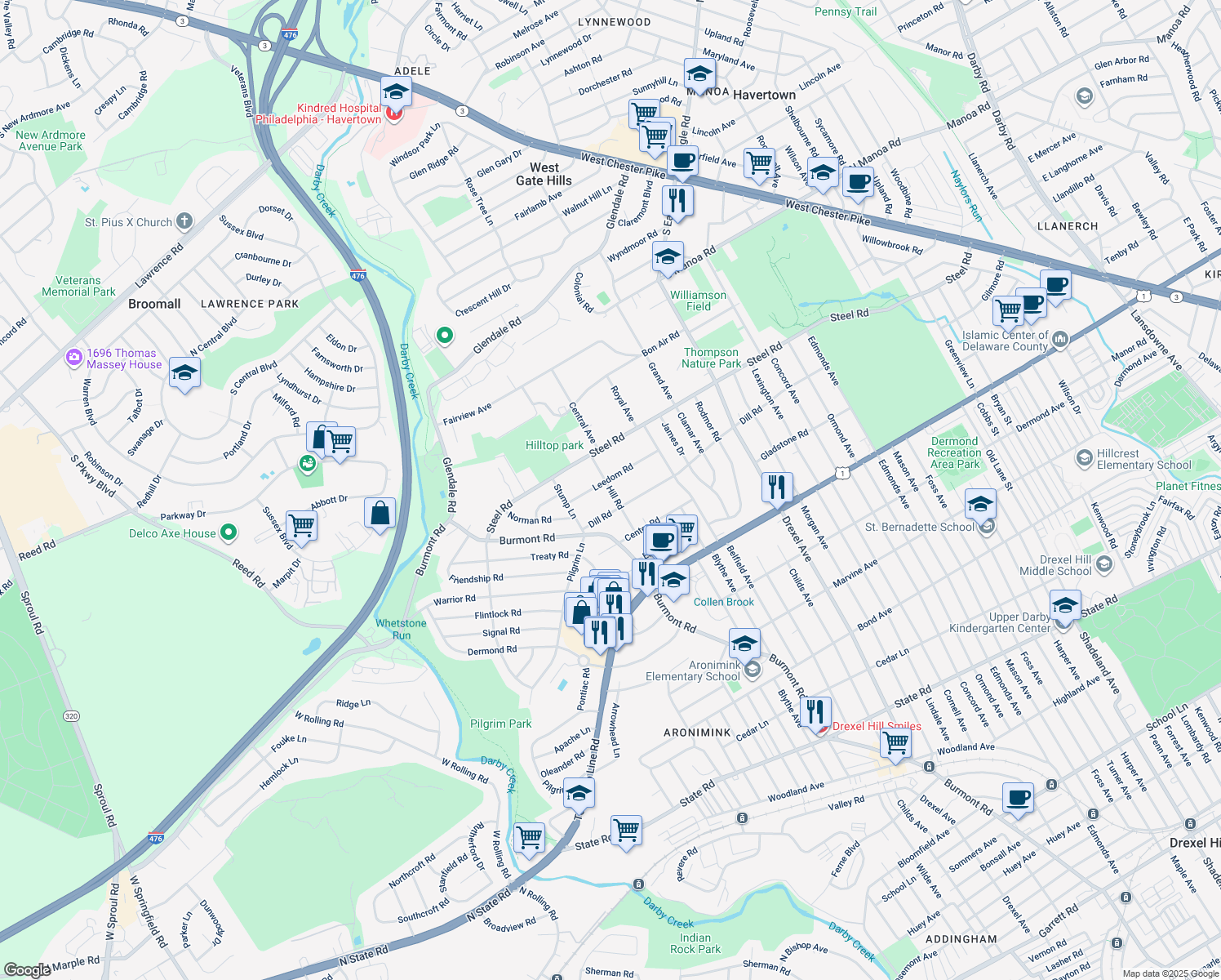 map of restaurants, bars, coffee shops, grocery stores, and more near 327 Hill Road in Havertown