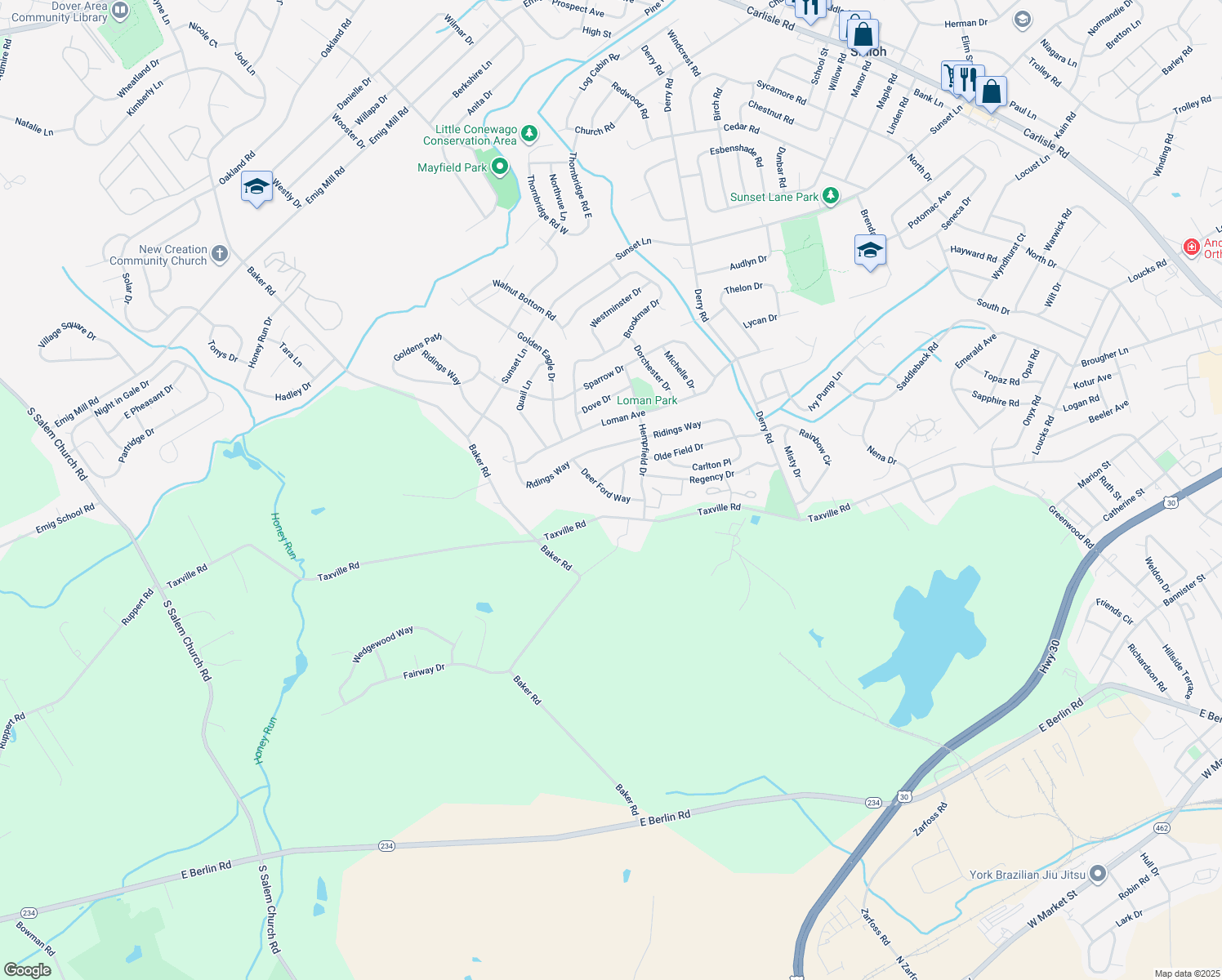 map of restaurants, bars, coffee shops, grocery stores, and more near 1685 Deer Ford Way in York
