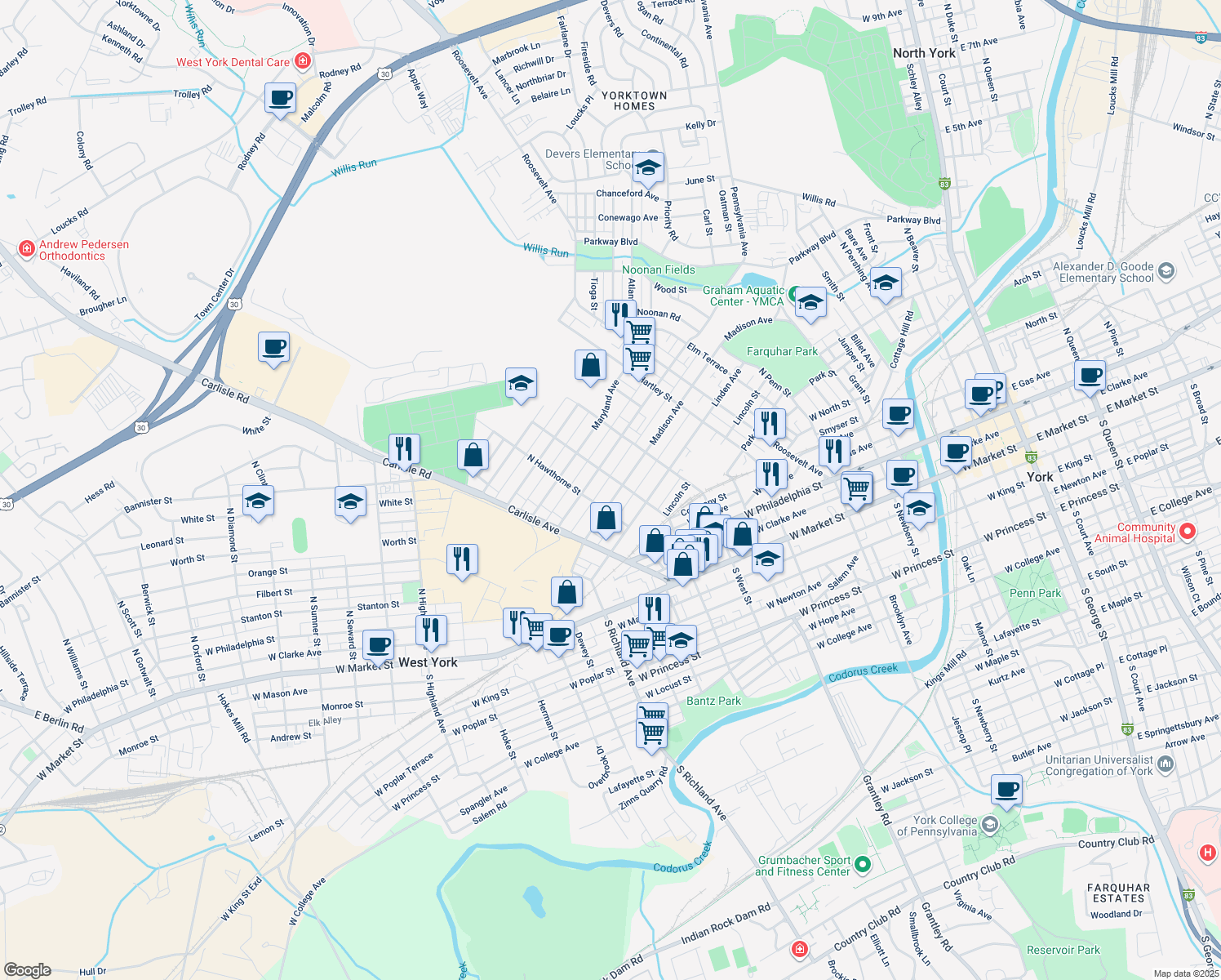 map of restaurants, bars, coffee shops, grocery stores, and more near 715 Madison Ave in York