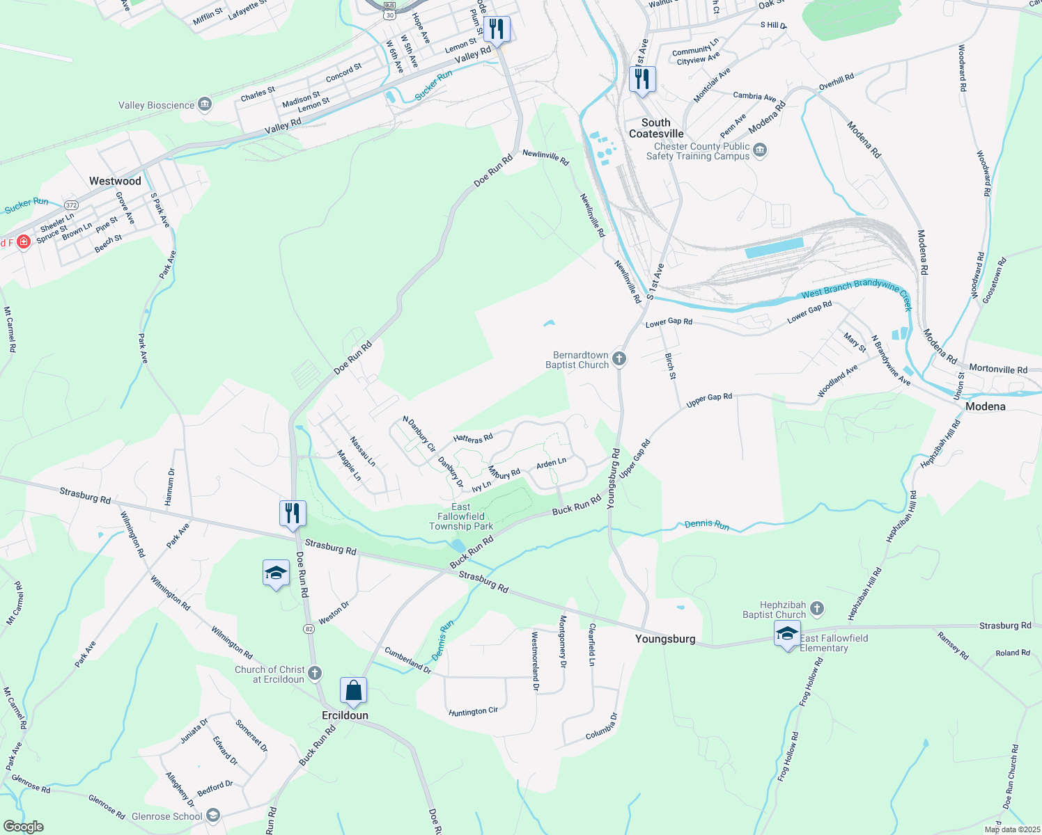 map of restaurants, bars, coffee shops, grocery stores, and more near 157 Milbury Rd in Coatesville