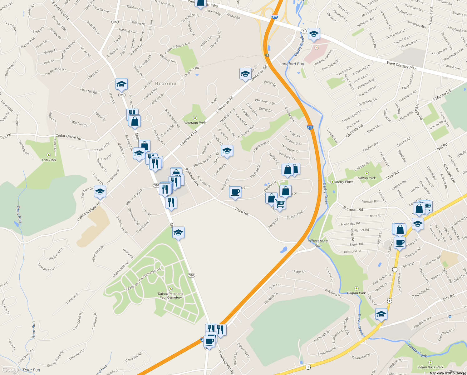 map of restaurants, bars, coffee shops, grocery stores, and more near 421 Warren Boulevard in Broomall