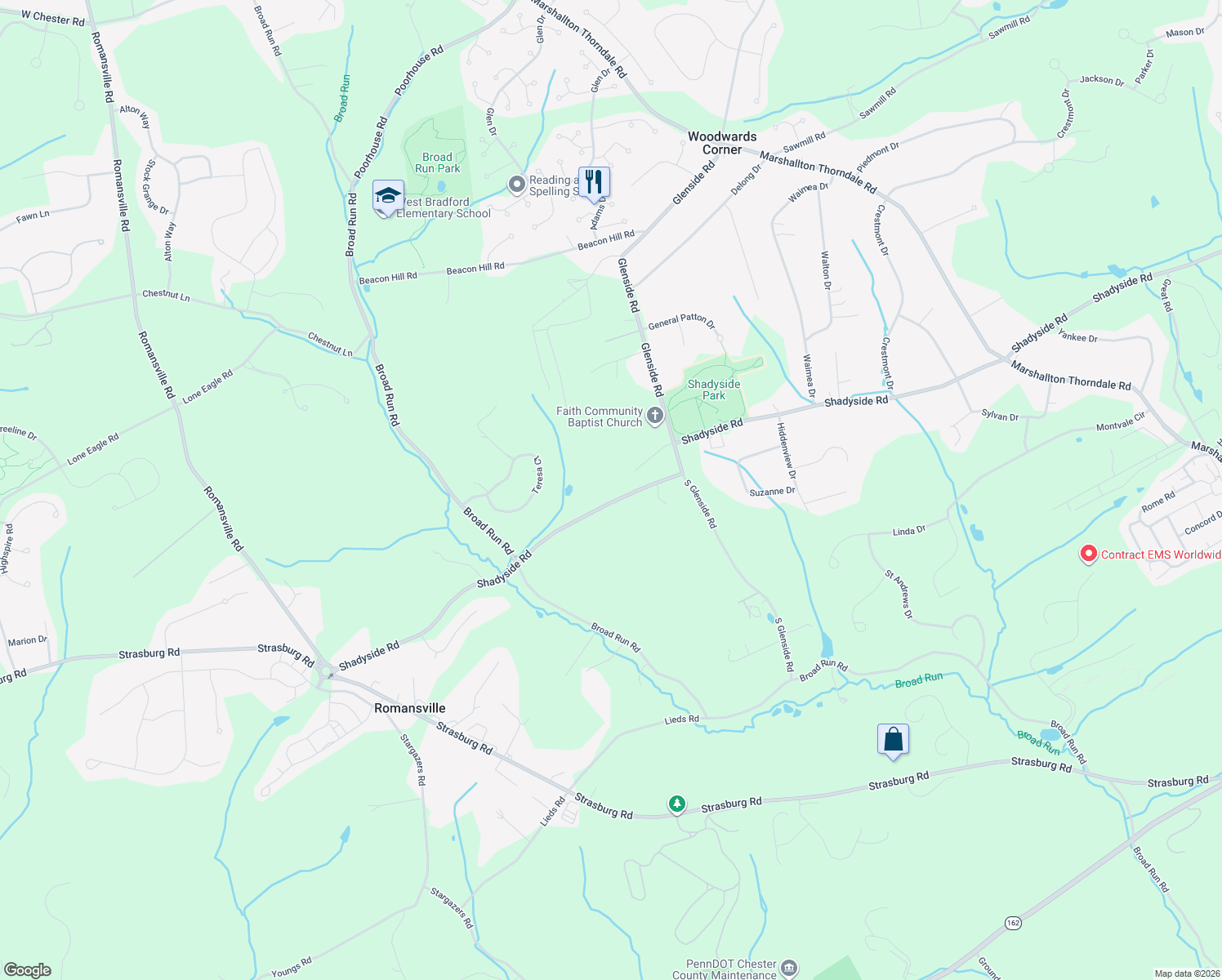 map of restaurants, bars, coffee shops, grocery stores, and more near 1735 Shadyside Road in Downingtown