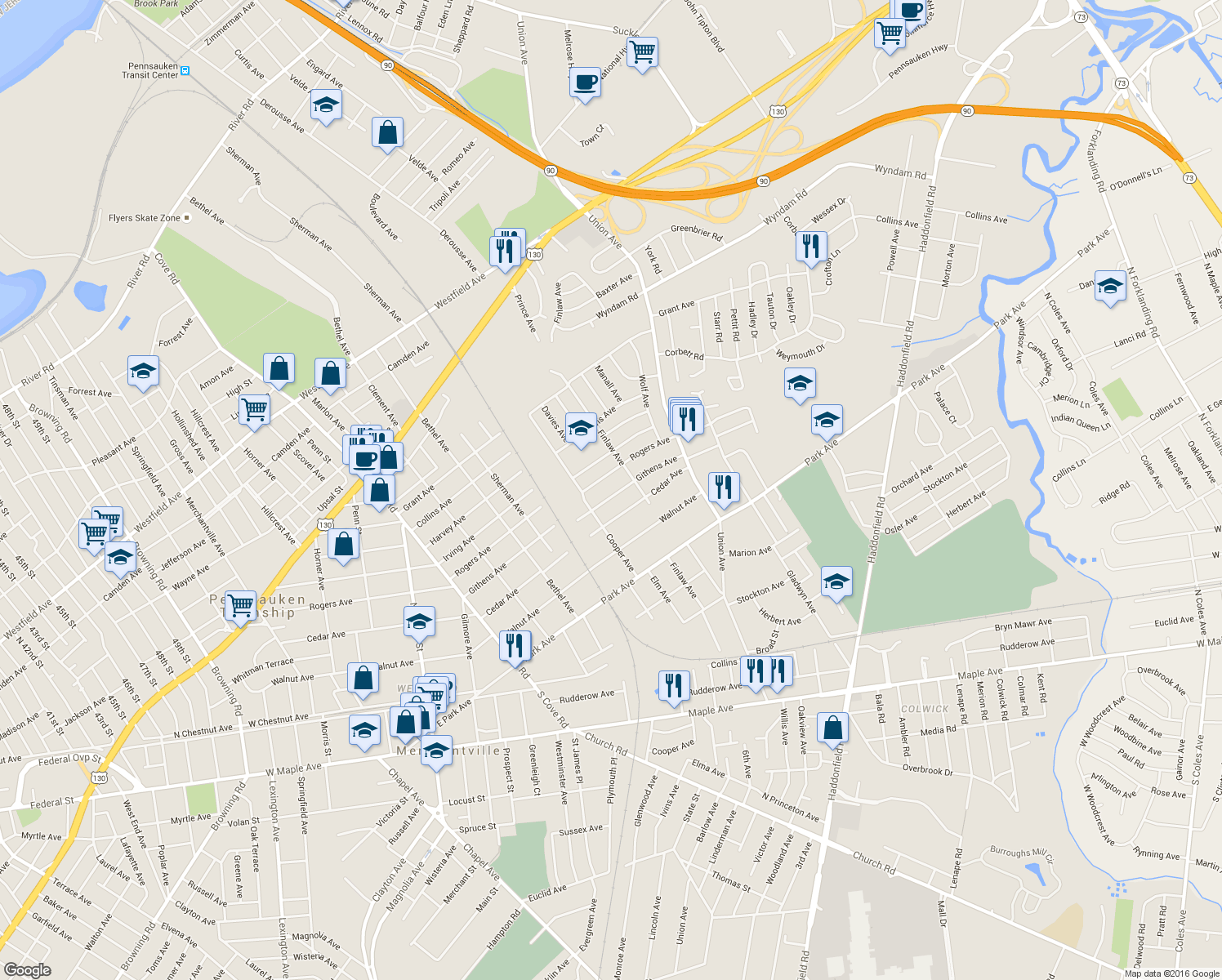 map of restaurants, bars, coffee shops, grocery stores, and more near 7249 Githens Avenue in Pennsauken Township