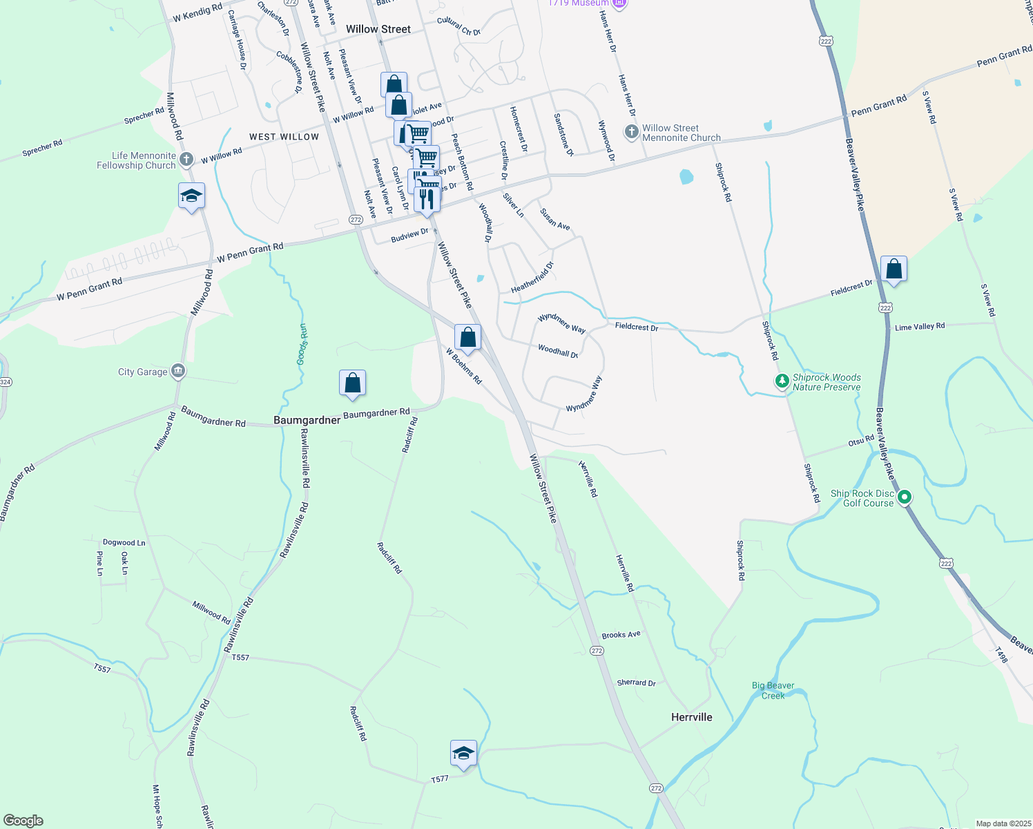 map of restaurants, bars, coffee shops, grocery stores, and more near 1 West Boehms Road in Willow Street