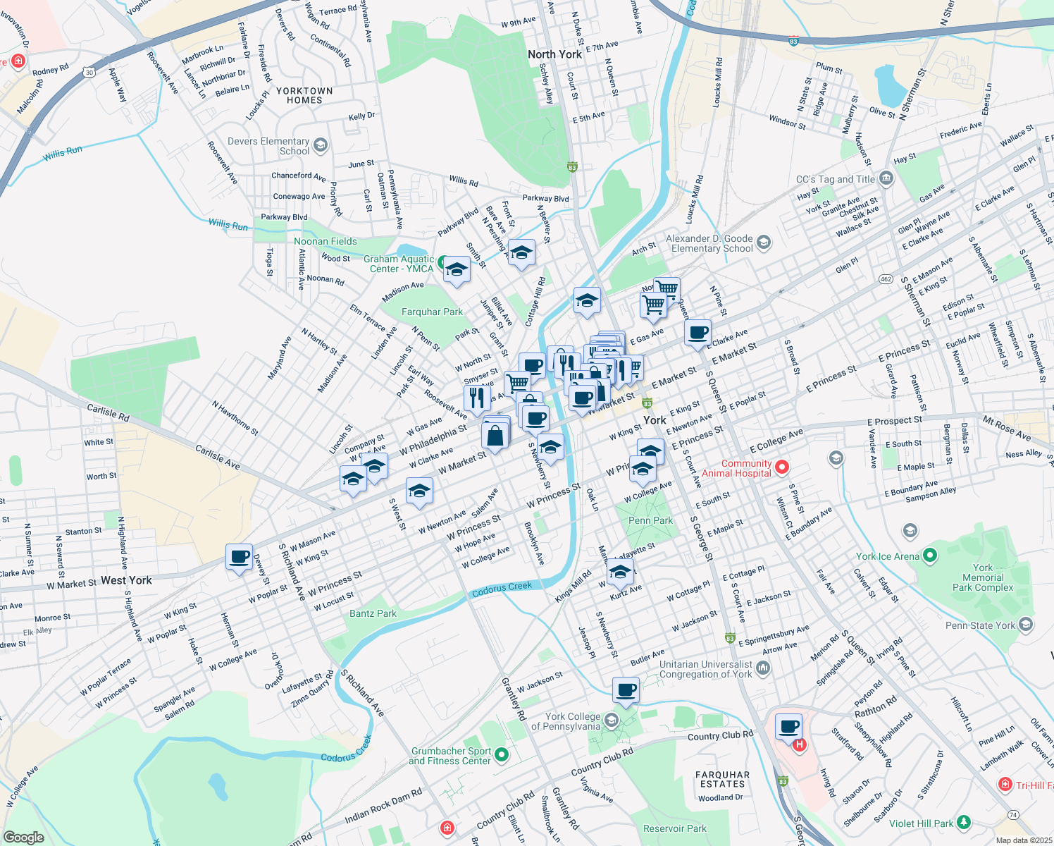 map of restaurants, bars, coffee shops, grocery stores, and more near 29 North Newberry Street in York