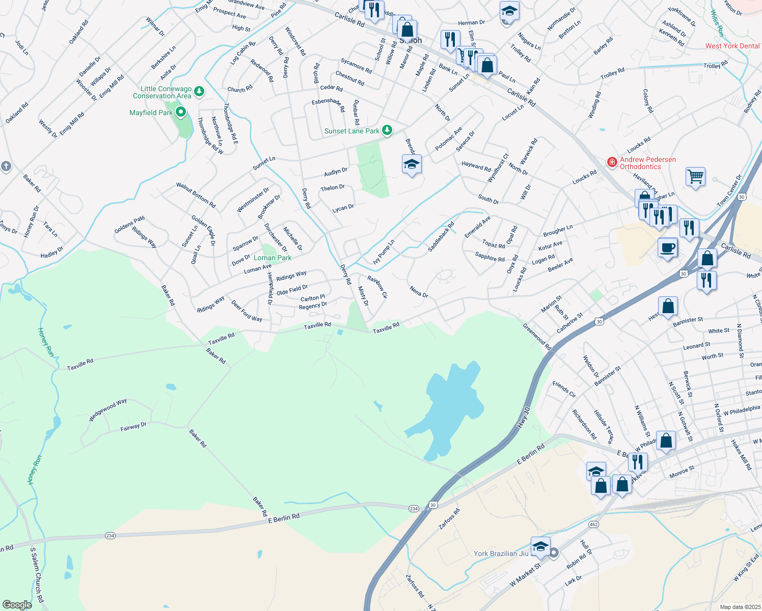 map of restaurants, bars, coffee shops, grocery stores, and more near 1690 Rainbow Circle in Shiloh
