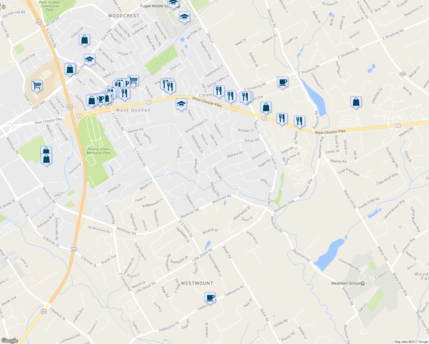 map of restaurants, bars, coffee shops, grocery stores, and more near 1204 Eagle Road in West Chester