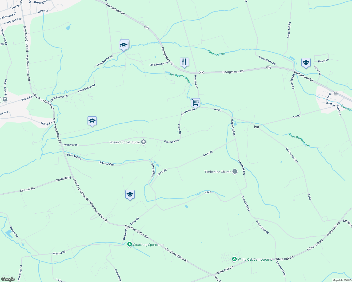map of restaurants, bars, coffee shops, grocery stores, and more near 45 Reservoir Rd in Strasburg