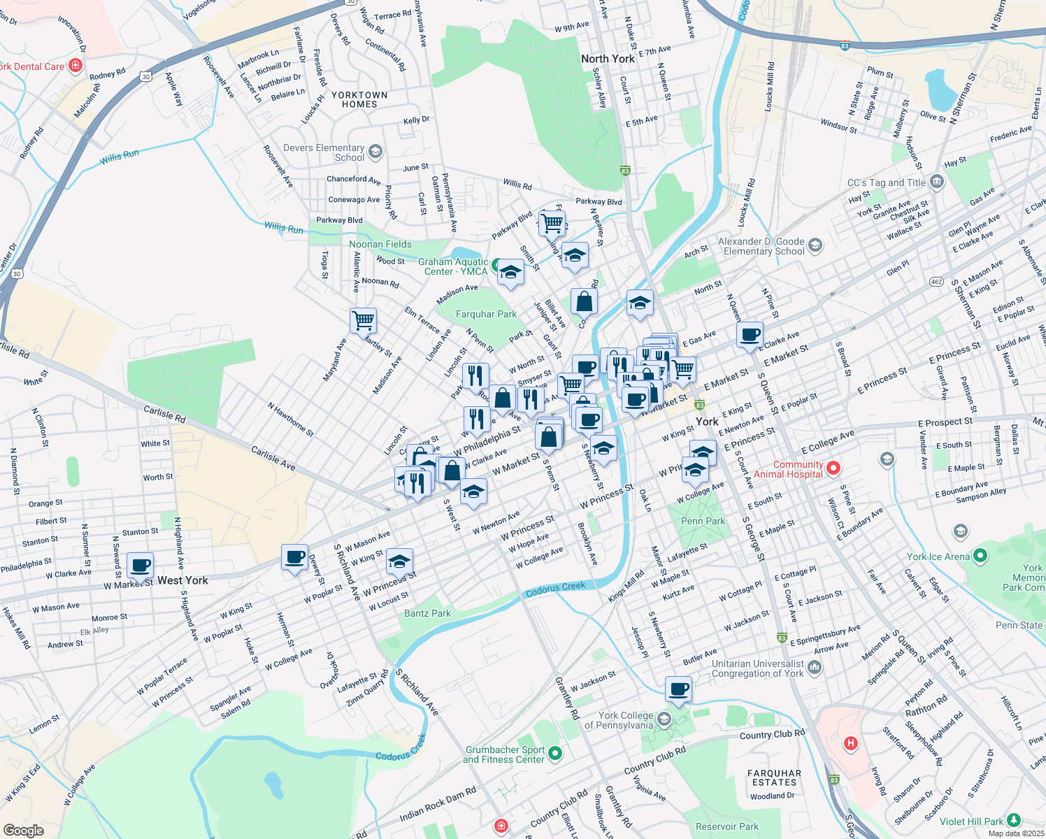 map of restaurants, bars, coffee shops, grocery stores, and more near 122 North Penn Street in York
