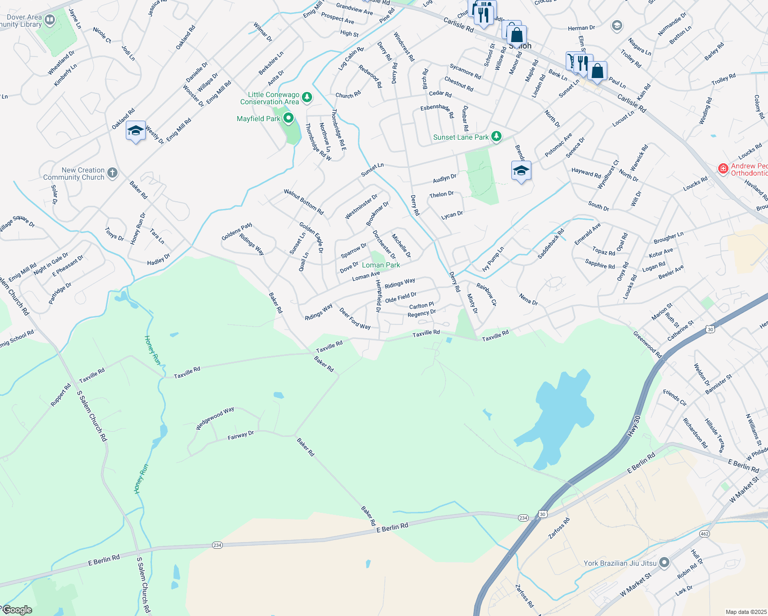 map of restaurants, bars, coffee shops, grocery stores, and more near 2796 Olde Field Drive in York