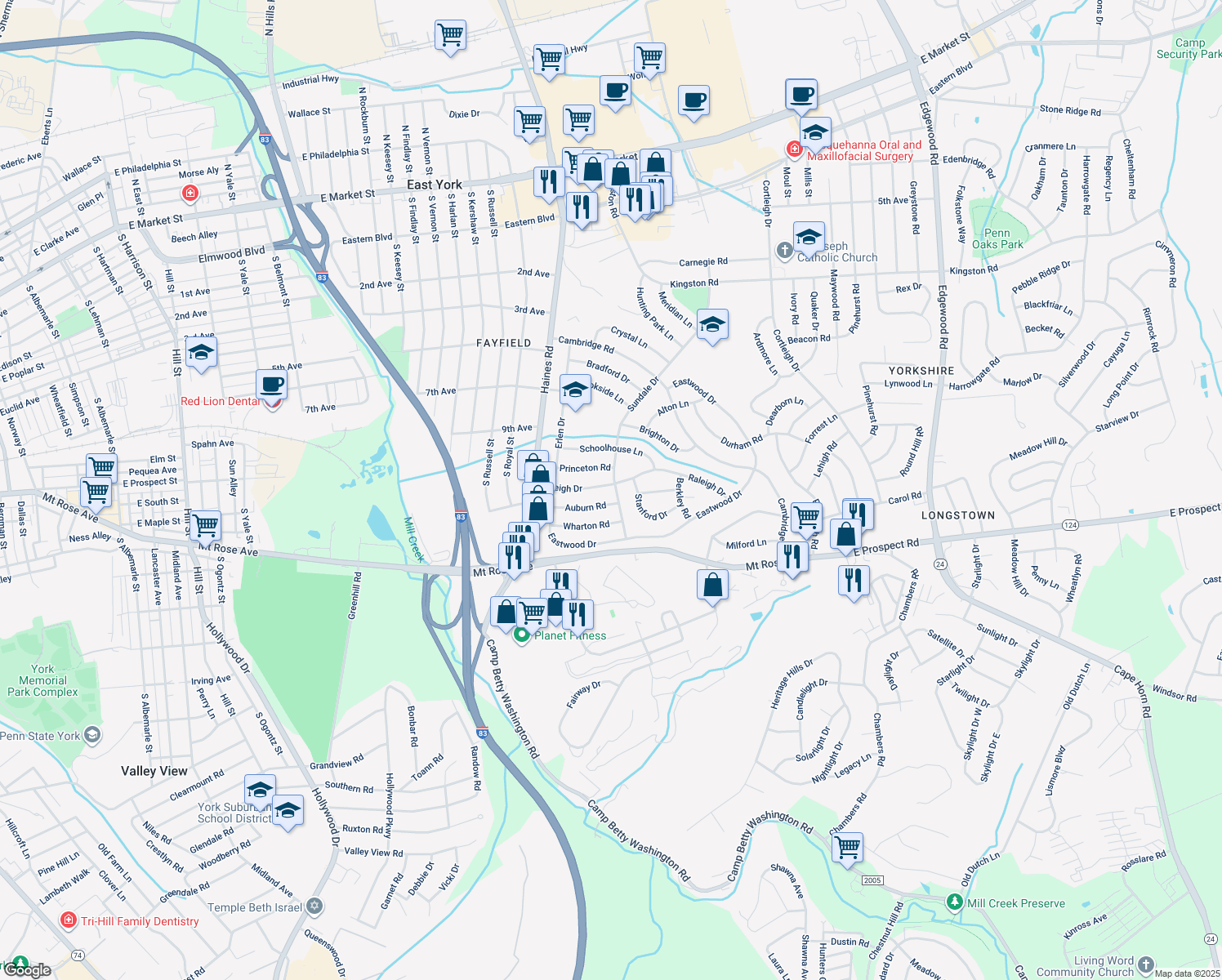 map of restaurants, bars, coffee shops, grocery stores, and more near 1000 Sundale Drive in York