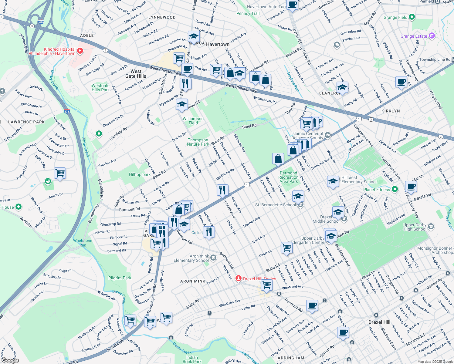map of restaurants, bars, coffee shops, grocery stores, and more near 11 North Morgan Avenue in Havertown