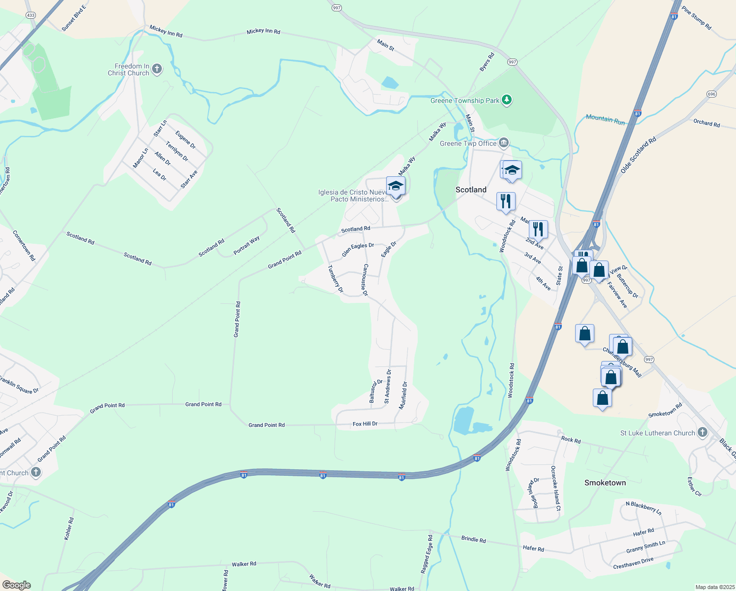 map of restaurants, bars, coffee shops, grocery stores, and more near 3420 Carnoustie Drive in Chambersburg