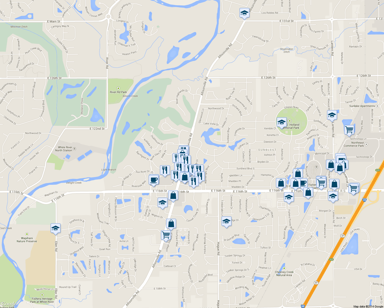 map of restaurants, bars, coffee shops, grocery stores, and more near 11965 Allisonville Road in Fishers