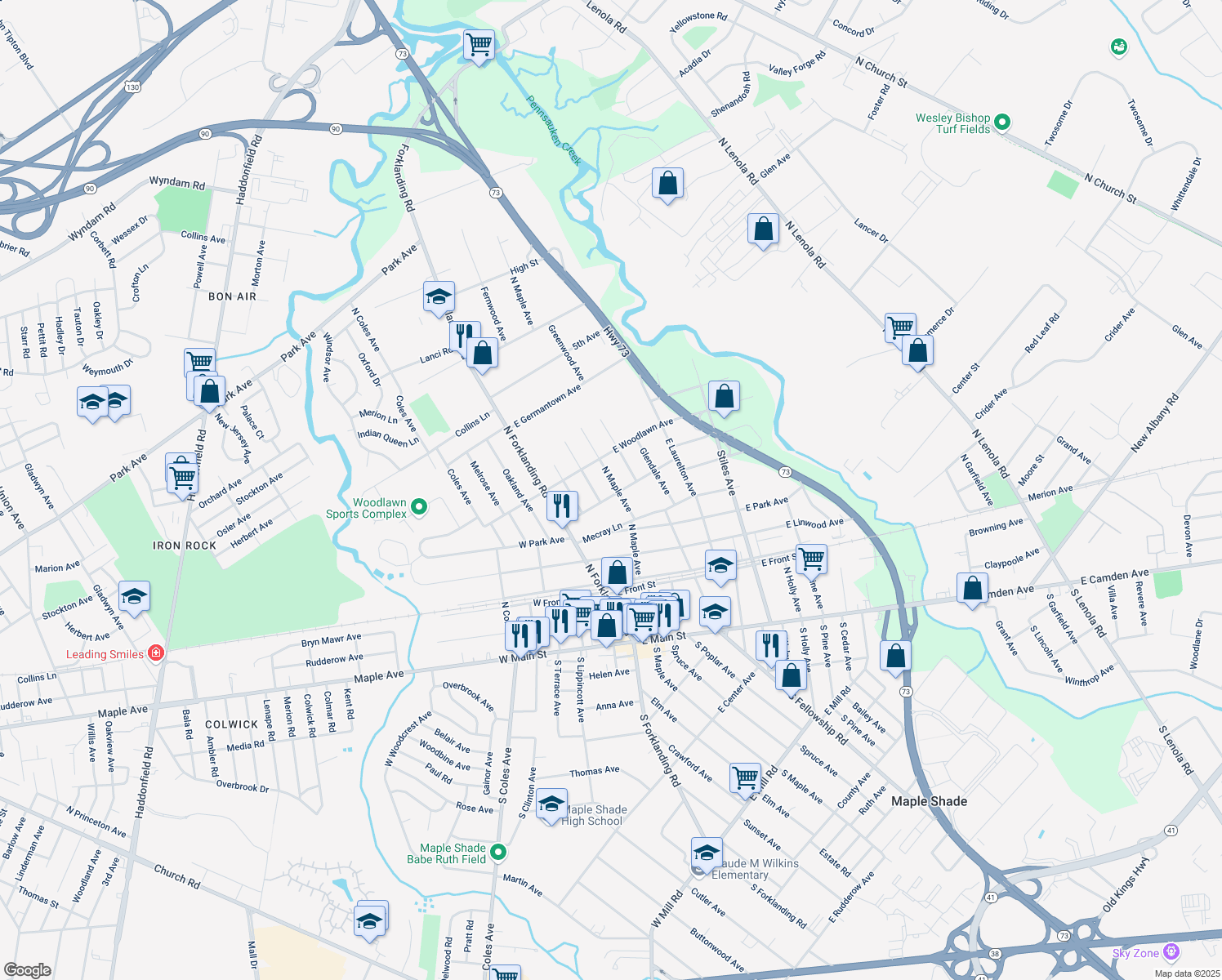 map of restaurants, bars, coffee shops, grocery stores, and more near 500 North Maple Avenue in Maple Shade Township
