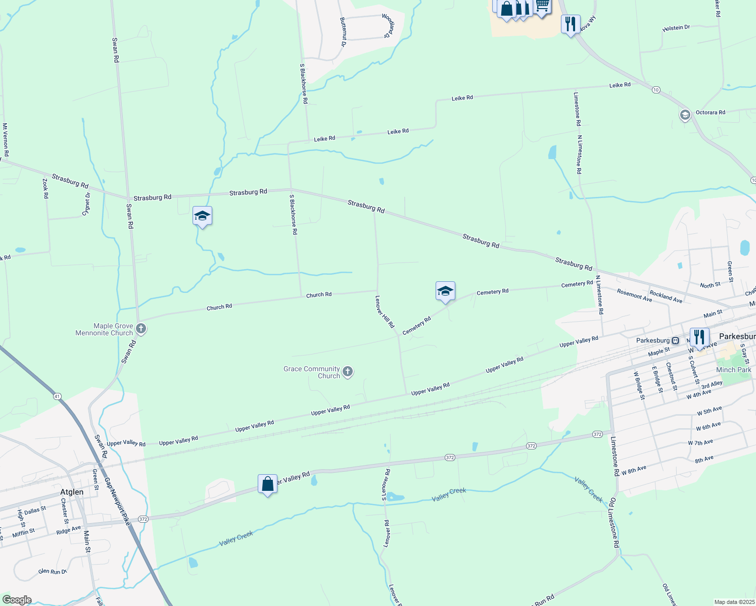 map of restaurants, bars, coffee shops, grocery stores, and more near Lenover Hill Road in Parkesburg
