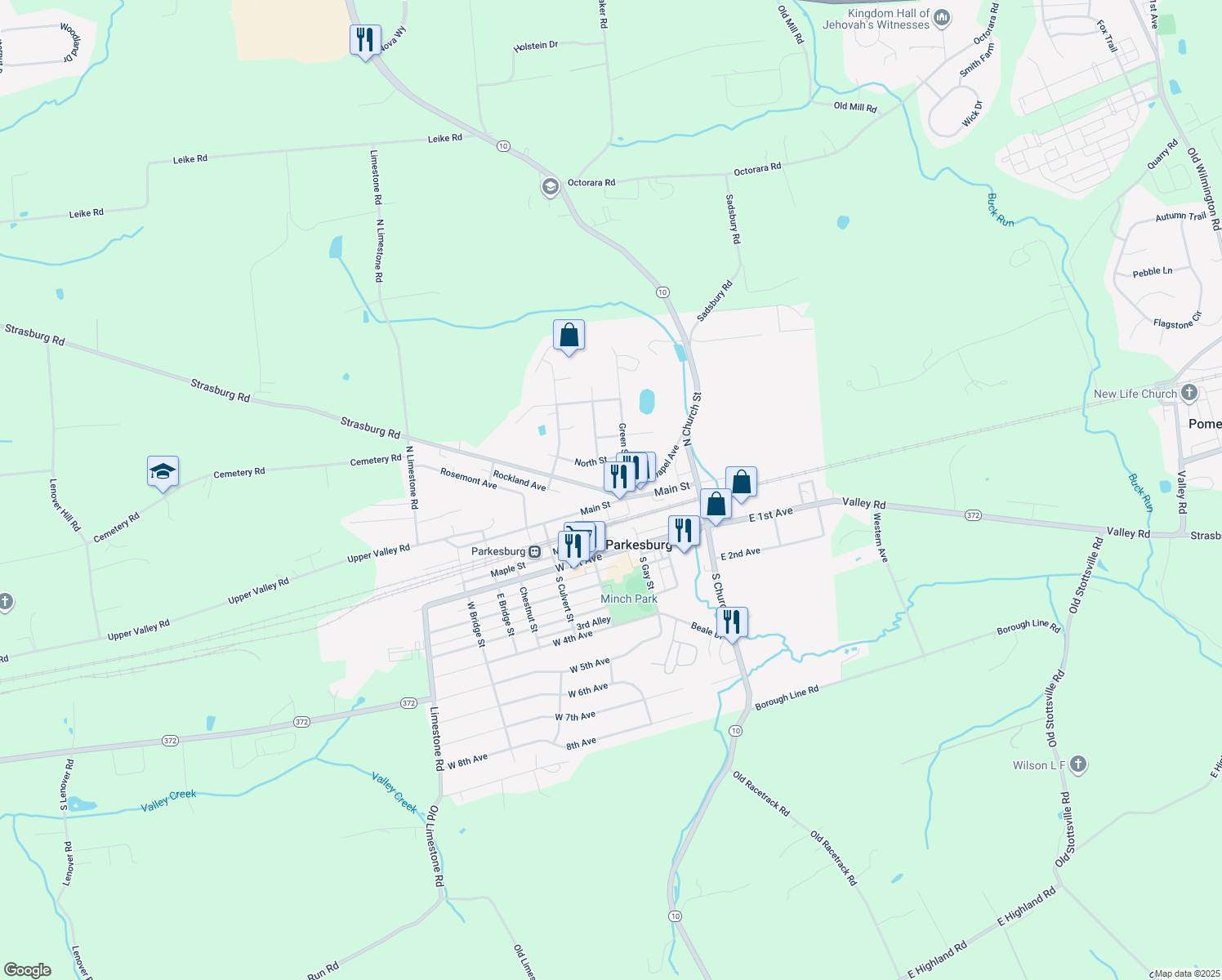 map of restaurants, bars, coffee shops, grocery stores, and more near 311 Strasburg Avenue in Parkesburg