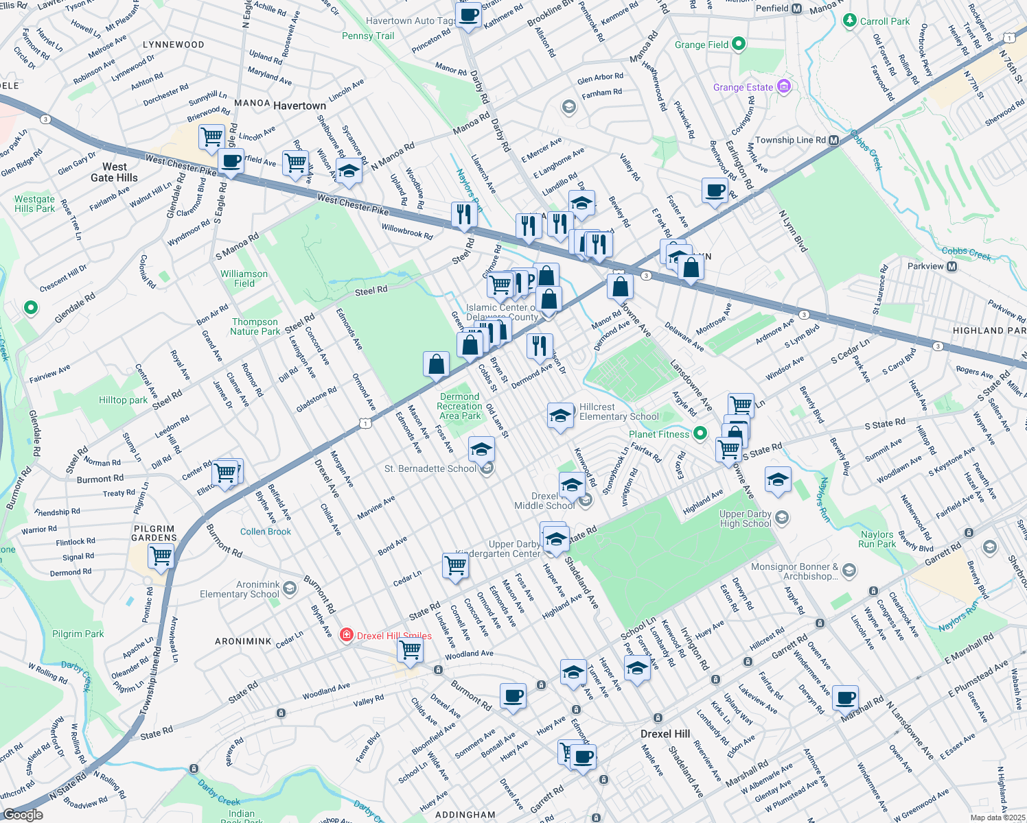 map of restaurants, bars, coffee shops, grocery stores, and more near 1117 Cobbs Street in Drexel Hill
