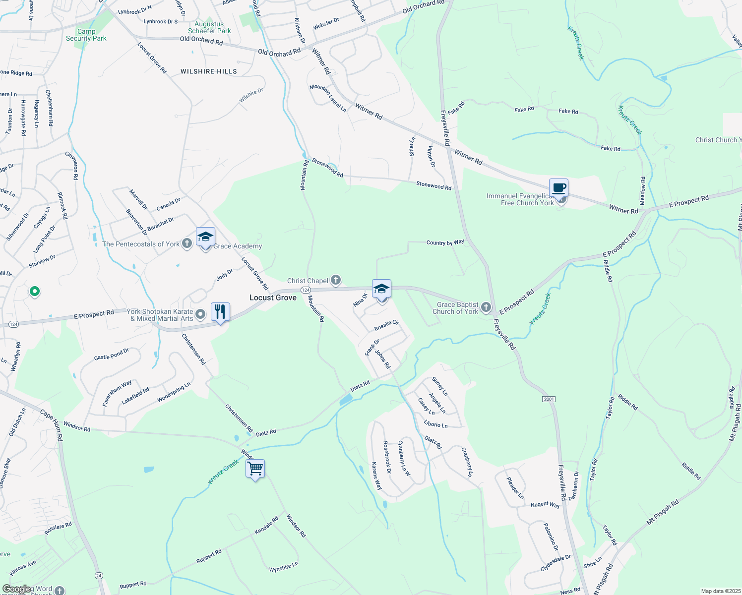 map of restaurants, bars, coffee shops, grocery stores, and more near 15 Nina Drive in York
