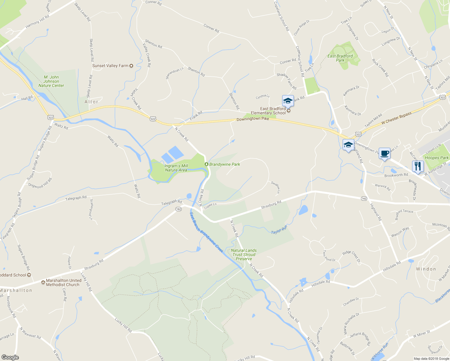 map of restaurants, bars, coffee shops, grocery stores, and more near 935 Copes Lane in West Chester