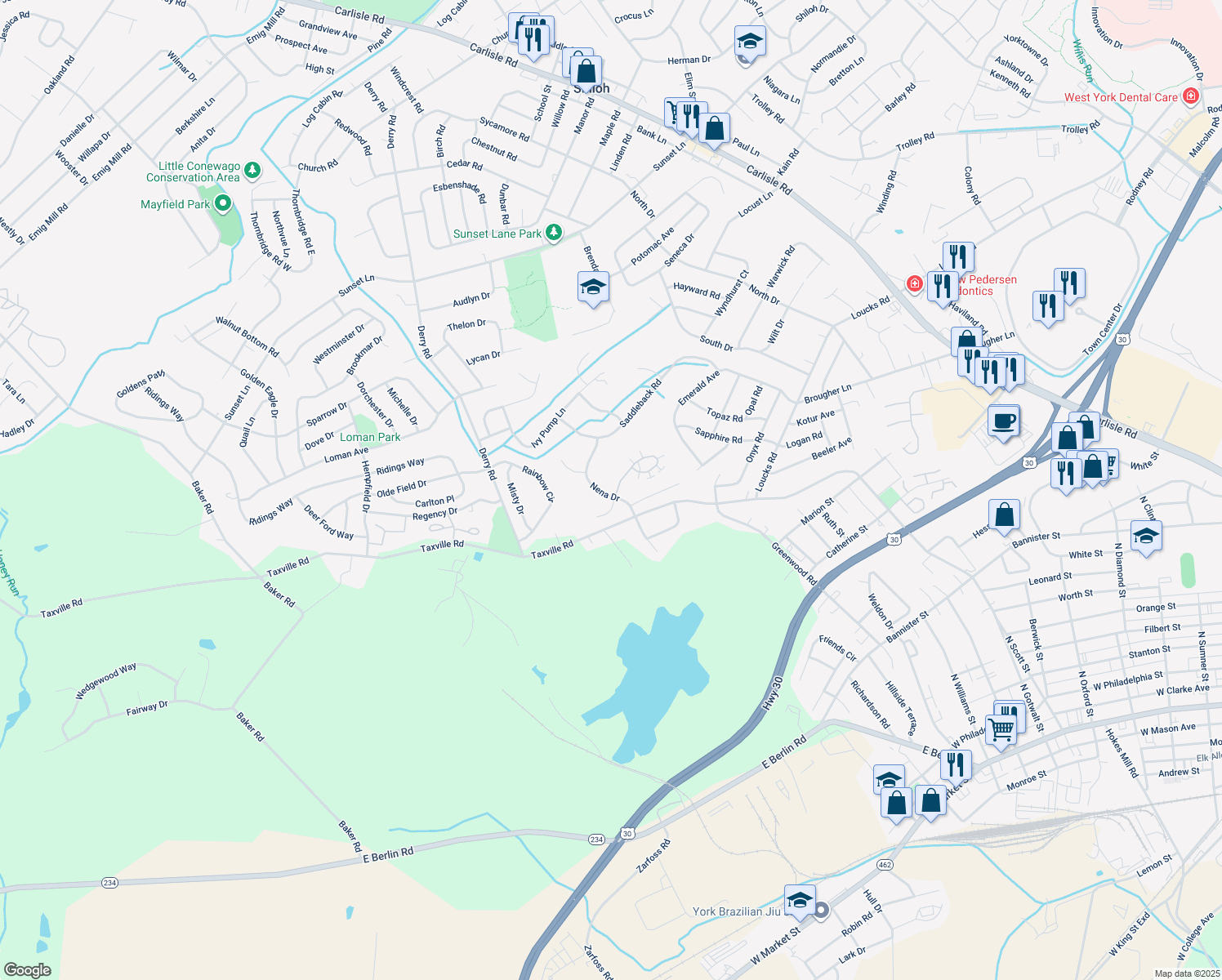 map of restaurants, bars, coffee shops, grocery stores, and more near 2165 Nena Drive in York