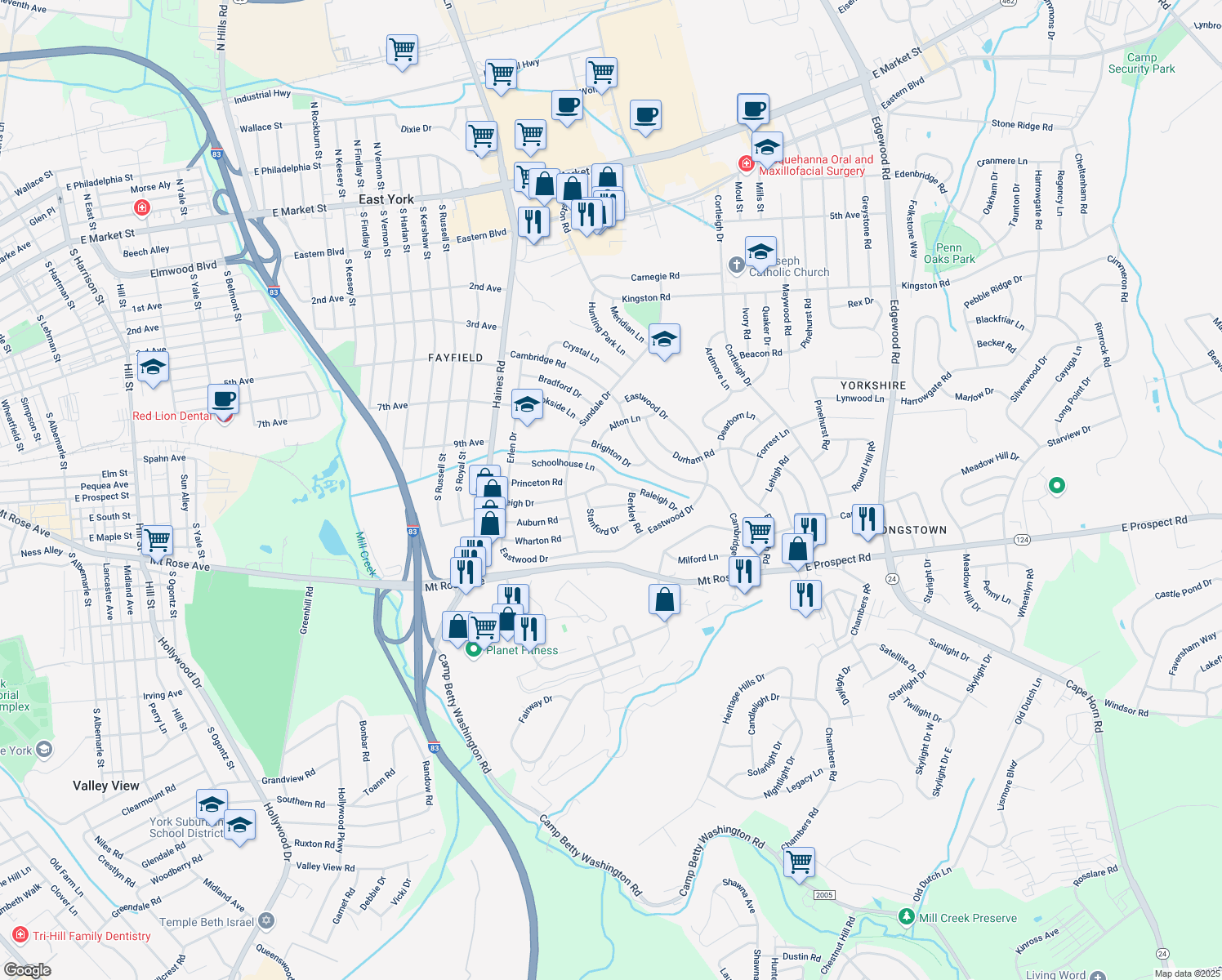 map of restaurants, bars, coffee shops, grocery stores, and more near 2560 Raleigh Drive in York