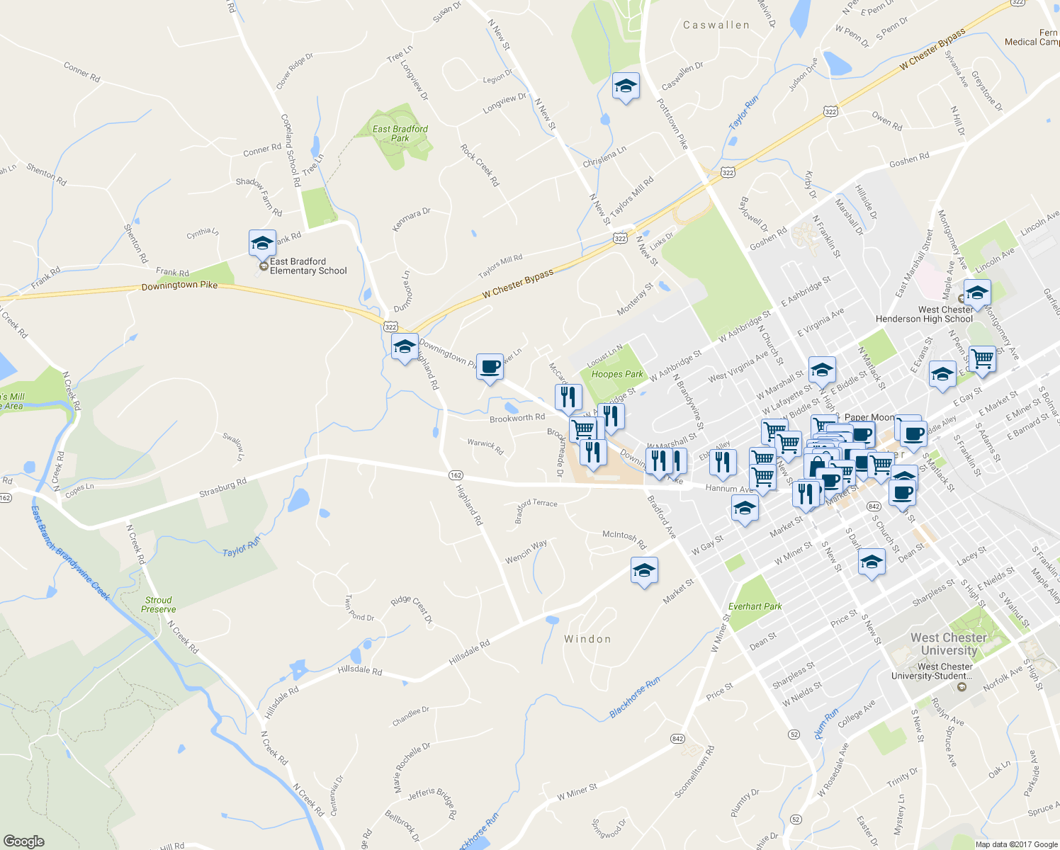 map of restaurants, bars, coffee shops, grocery stores, and more near 413 Brookmeade Drive in West Chester