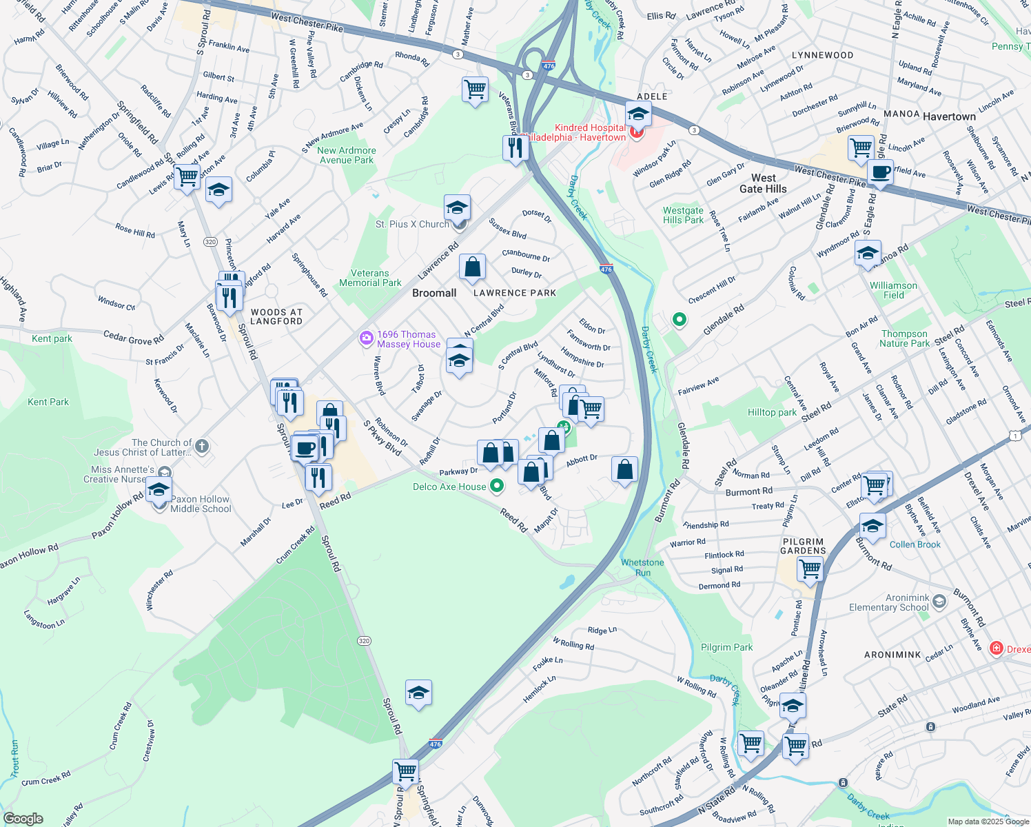 map of restaurants, bars, coffee shops, grocery stores, and more near 413 Parkstone Way in Broomall
