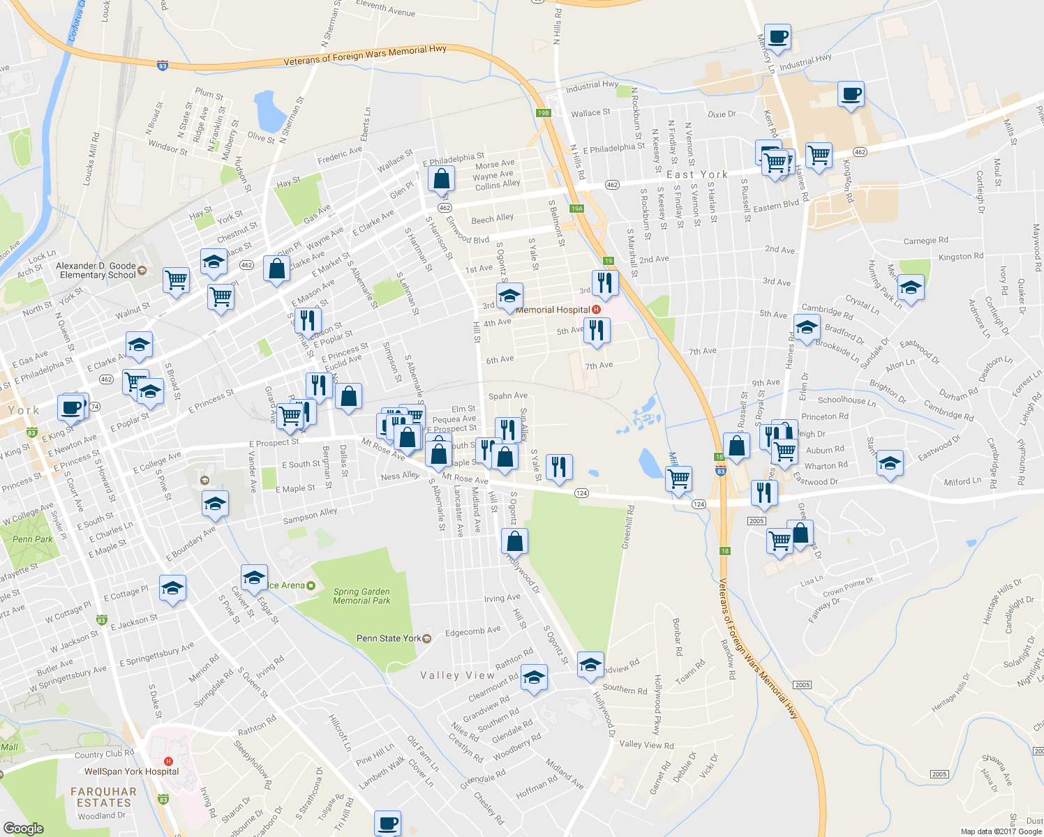map of restaurants, bars, coffee shops, grocery stores, and more near 1419 East Prospect Street in York