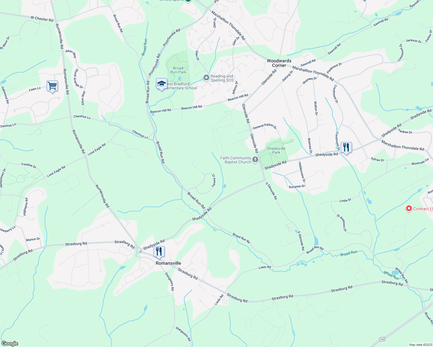 map of restaurants, bars, coffee shops, grocery stores, and more near 1750 Teresa Court in Downingtown