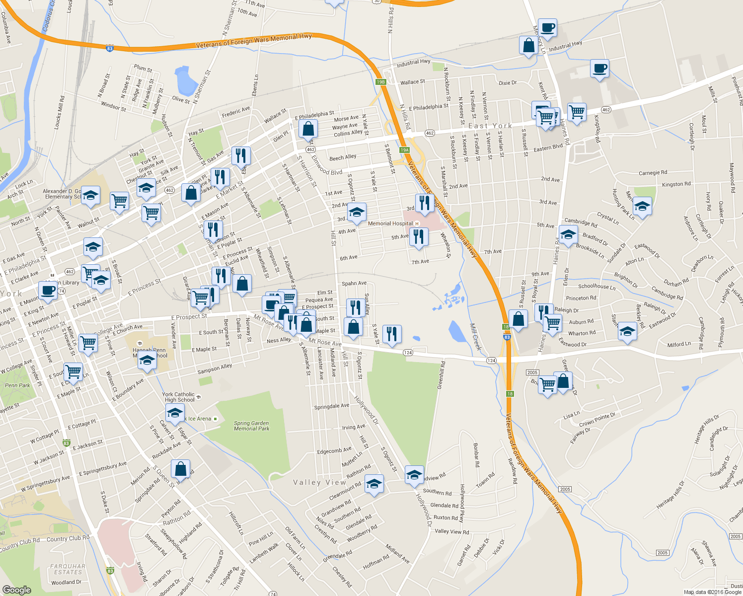 map of restaurants, bars, coffee shops, grocery stores, and more near 490 South Yale Street in York