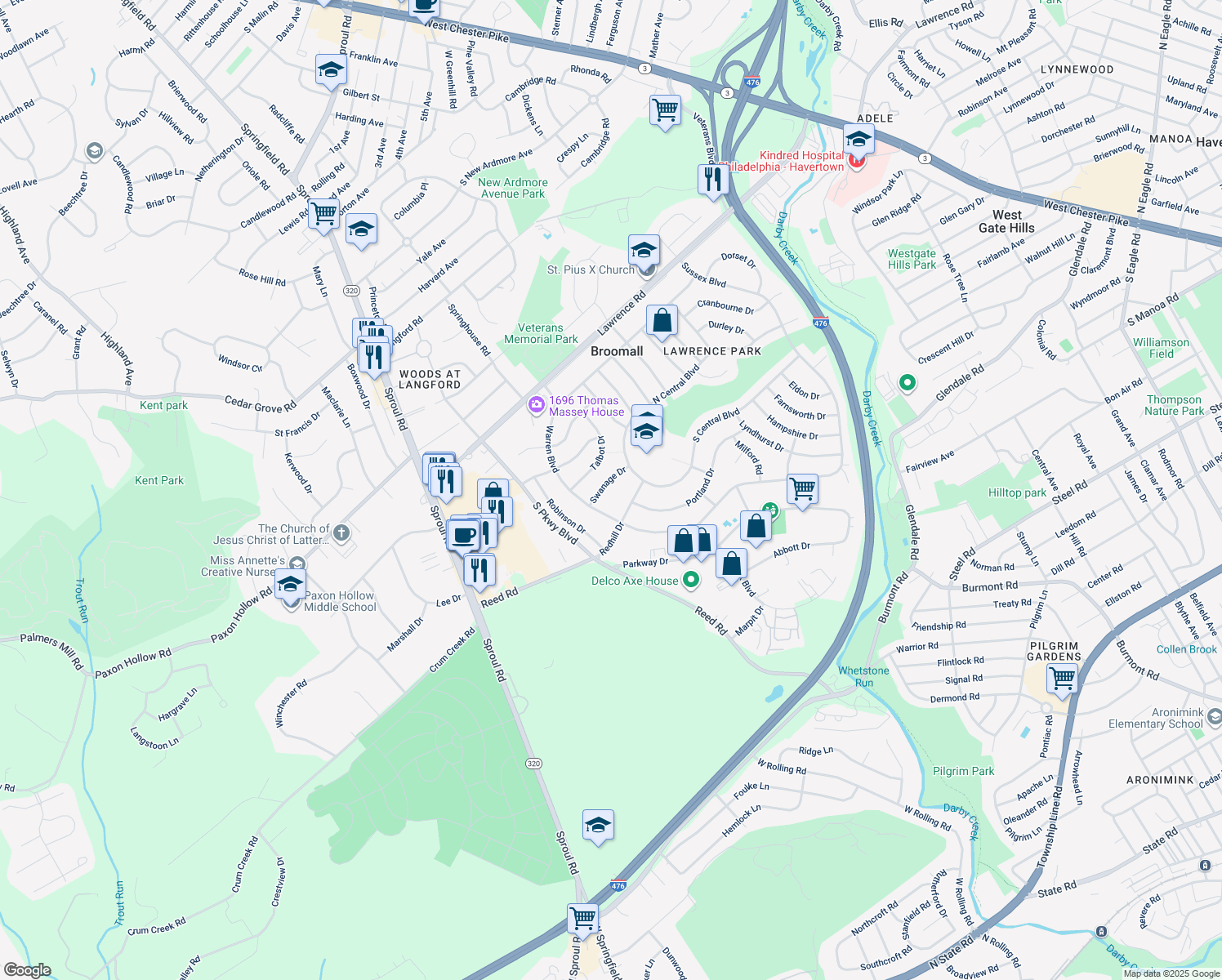 map of restaurants, bars, coffee shops, grocery stores, and more near 361 Swanage Drive in Broomall