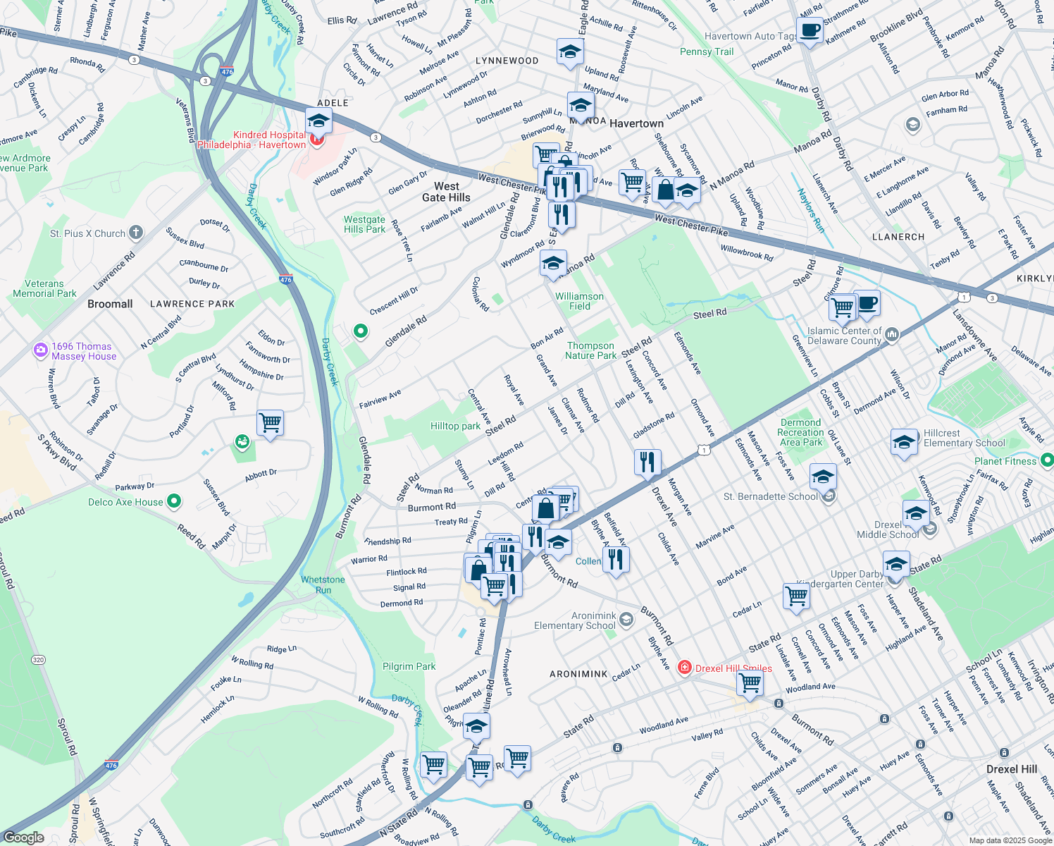 map of restaurants, bars, coffee shops, grocery stores, and more near 1235 Steel Road in Havertown