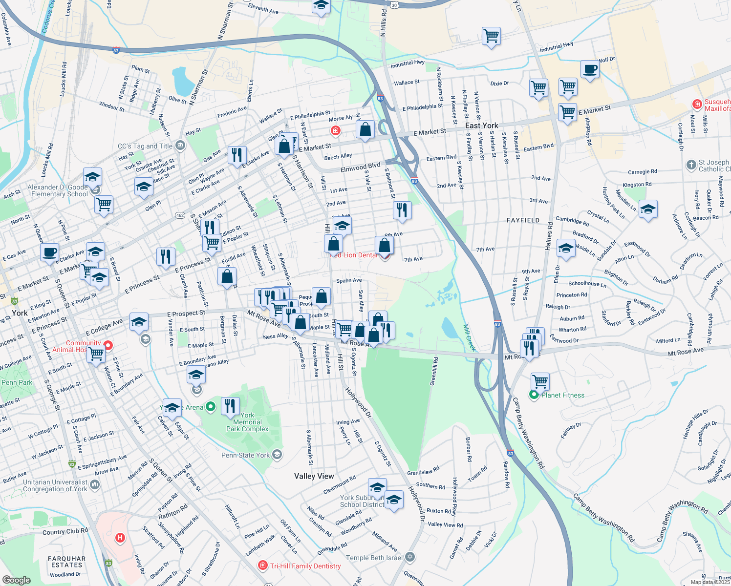 map of restaurants, bars, coffee shops, grocery stores, and more near 482 South Yale Street in York