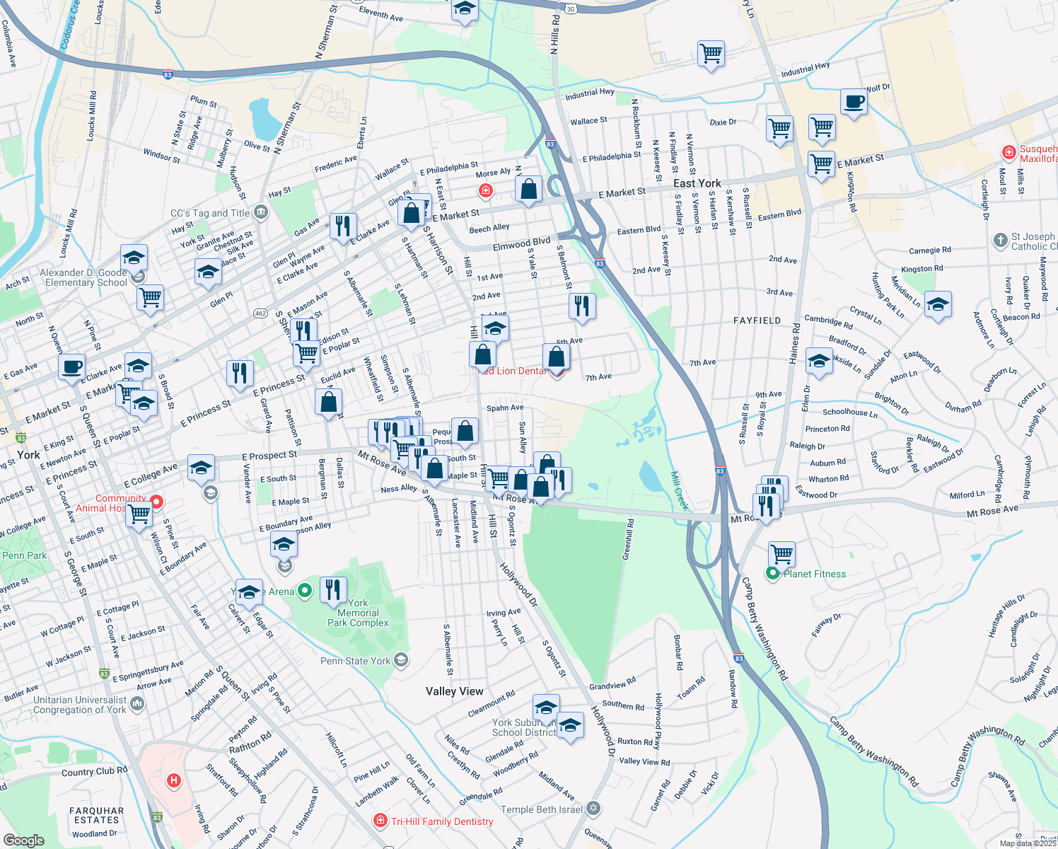 map of restaurants, bars, coffee shops, grocery stores, and more near 478 South Yale Street in York