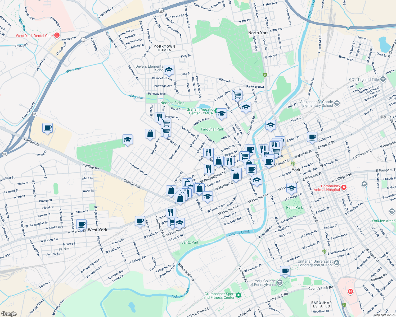 map of restaurants, bars, coffee shops, grocery stores, and more near 267 North Hartley Street in York