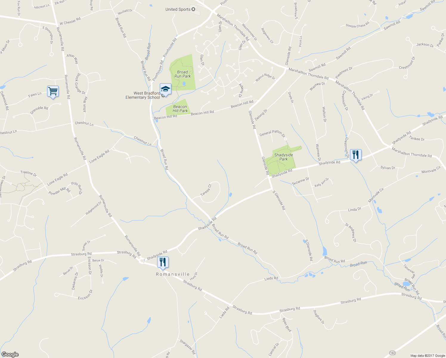 map of restaurants, bars, coffee shops, grocery stores, and more near 1750 Teresa Court in Downingtown