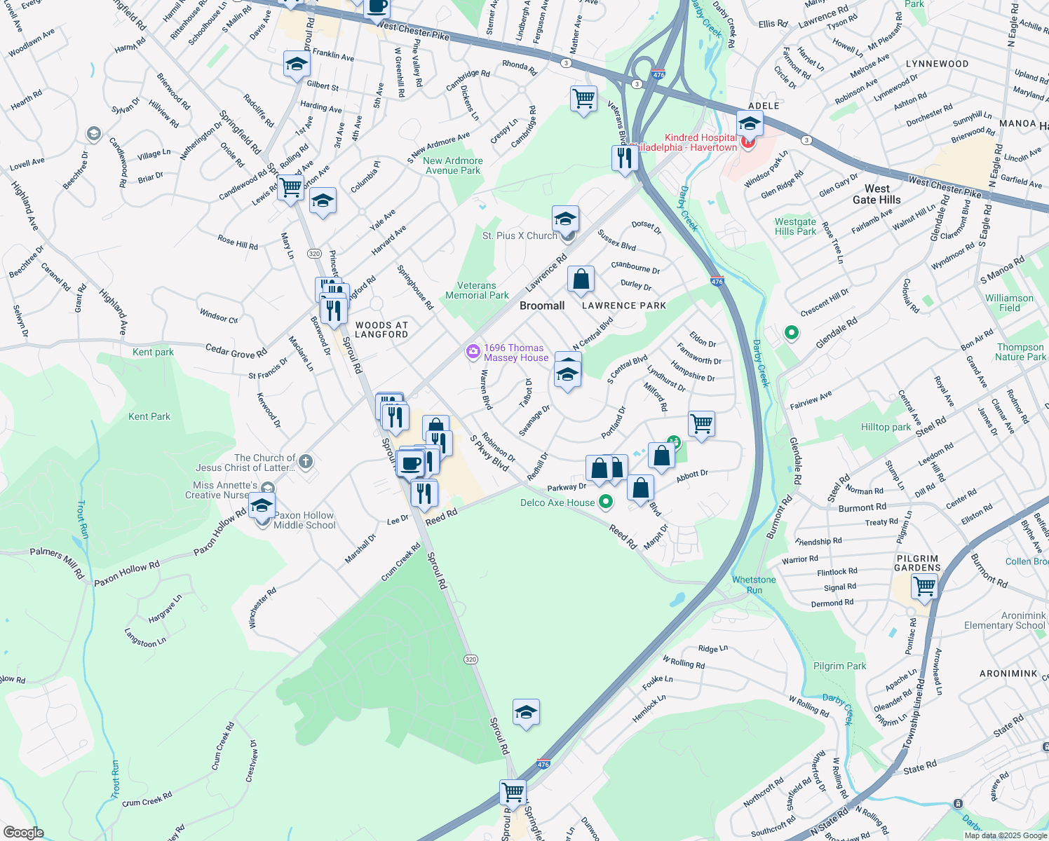 map of restaurants, bars, coffee shops, grocery stores, and more near 364 Swanage Drive in Broomall