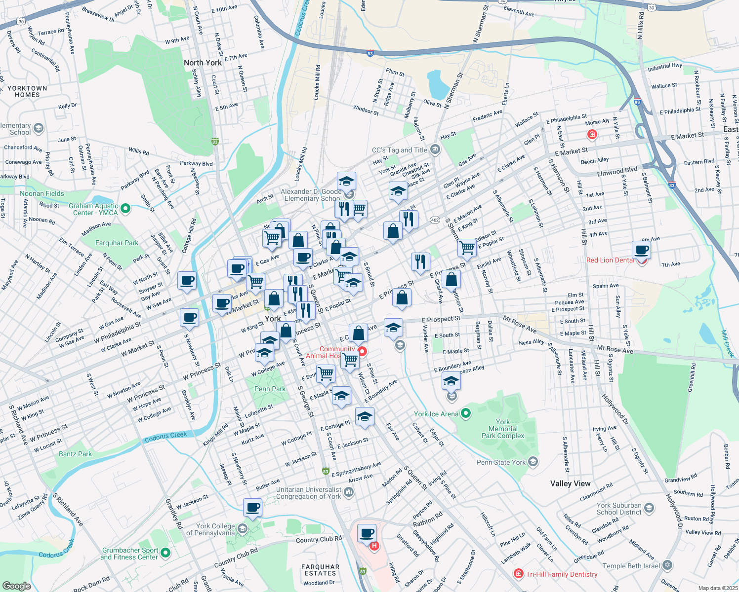 map of restaurants, bars, coffee shops, grocery stores, and more near 137 Edgar St in York