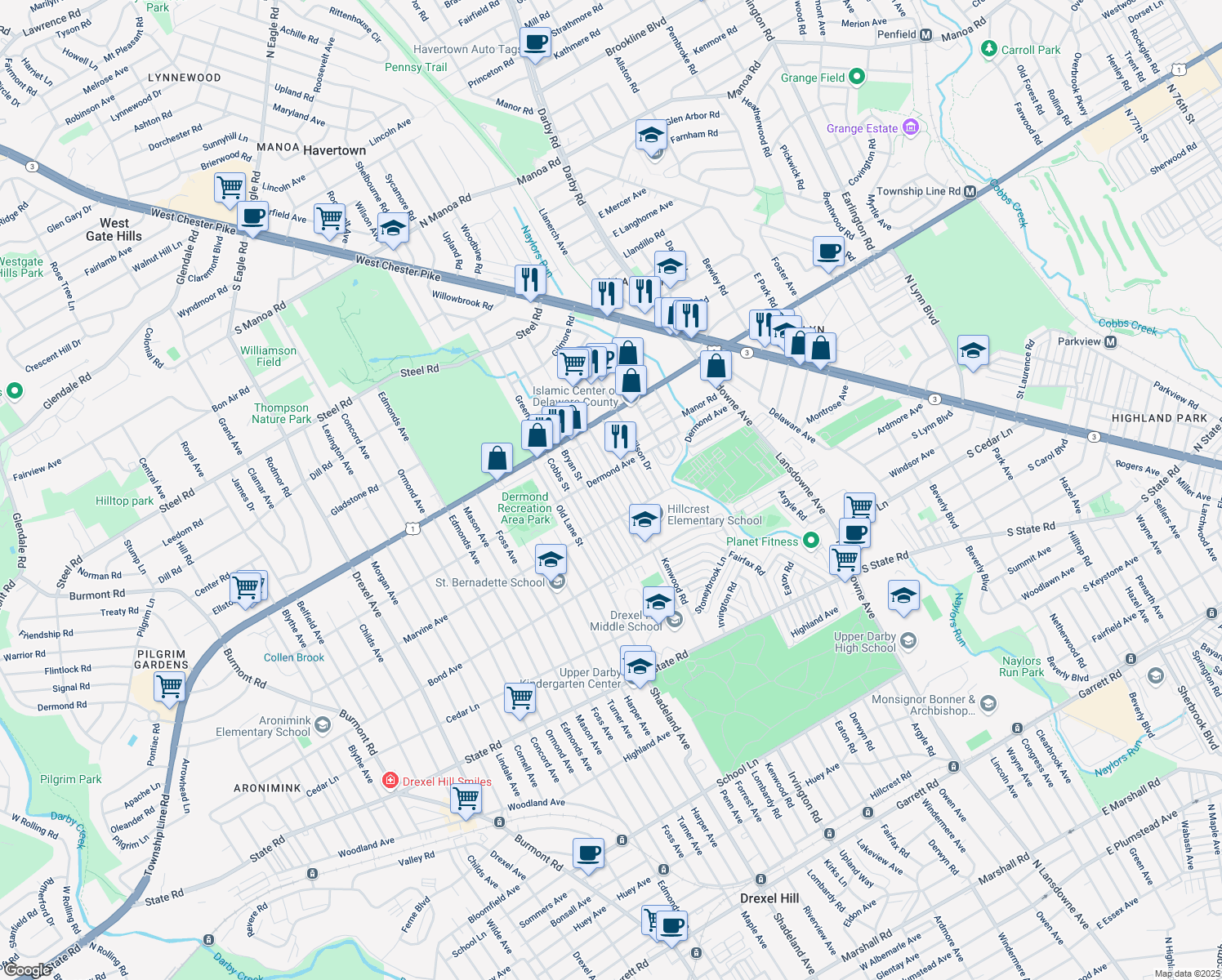 map of restaurants, bars, coffee shops, grocery stores, and more near 1129 Agnew Drive in Upper Darby